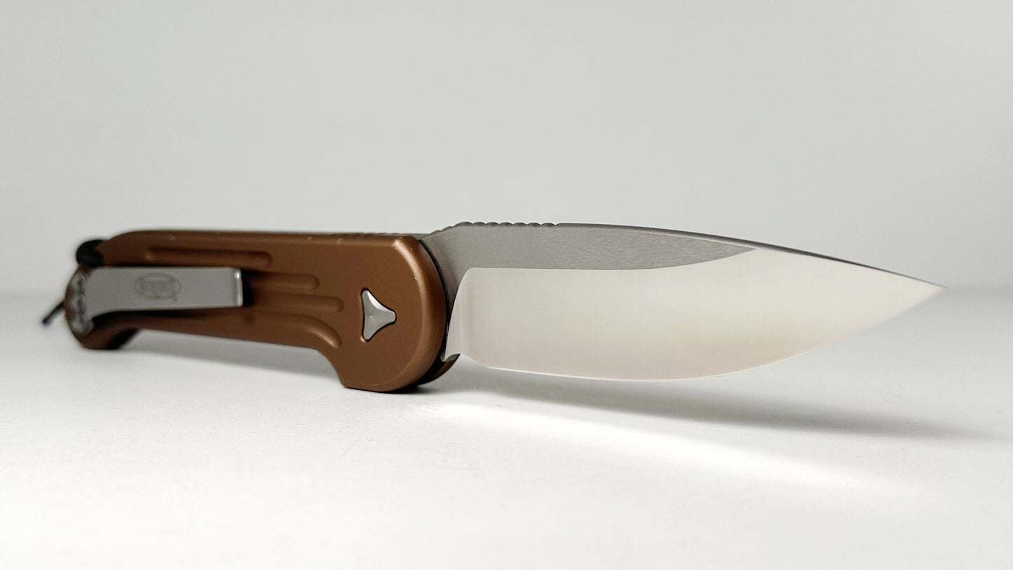 Microtech LUDT Auto 135-4TA Pre-Owned - Satin 3.4" Bohler ELMAX Drop Point Blade & Tan Aluminum Handle - Push Button Automatic w/ No Safety | Made in USA
