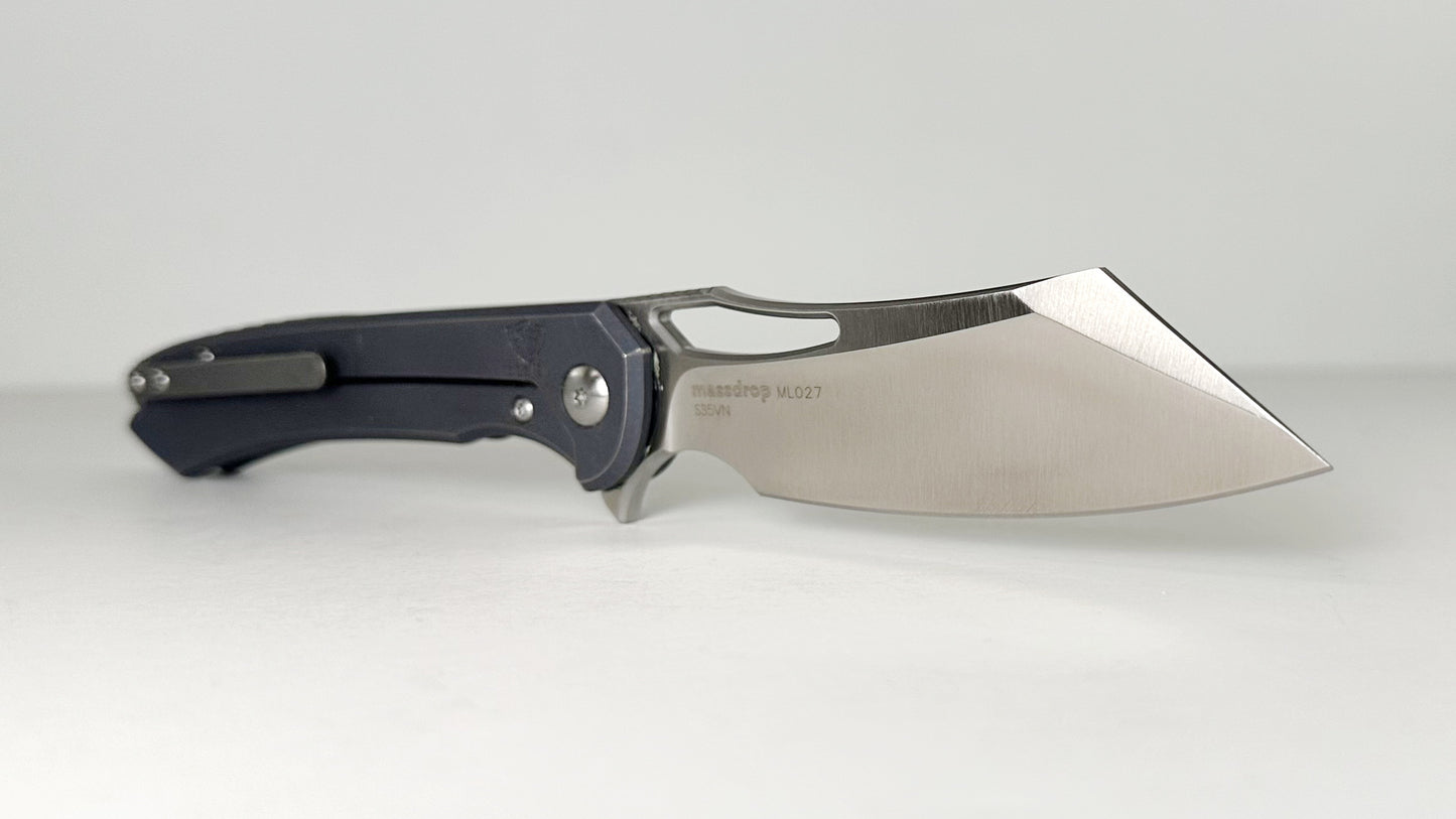 Massdrop DROP x Ferrum Forge Buc MDX-21480-8 #ML0027 Pre-Owned - Satin 3.5" CPM-S35VN Modified Sheepsfoot Blade & Blue Milled Titanium Handle - Frame Lock Flipper | Made in China by WE Knife