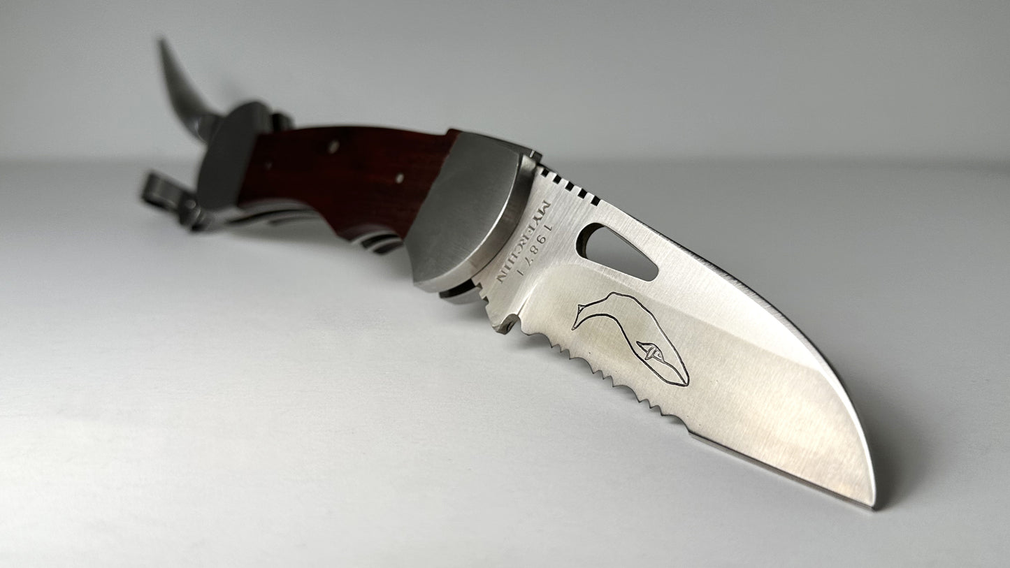 Myerchin Folding Marlin Spike Pocket Knife Pre-Owned & Used - Satin 440 Stainless Steel Partially Serrated Sheepsfoot Blade & Wood Handle w/ Steel Bolsters | Made in Japan