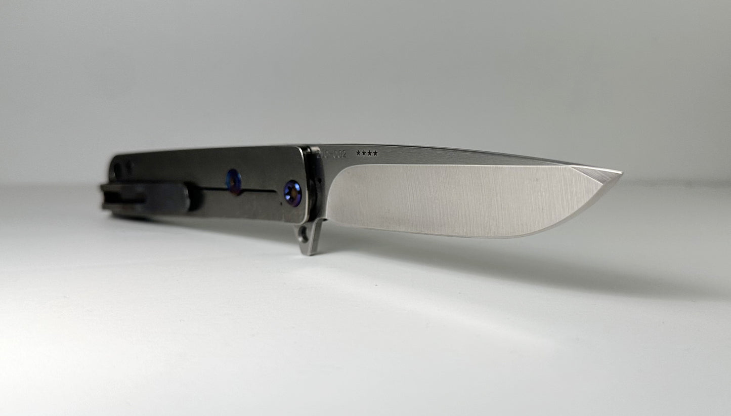 Medford Knife & Tool M-48 Flipper Pre-Owned - Tumbled Satin CPM-S45VN Drop Point Blade & Blue Aluminum Scales over Titanium Frame - Ti Frame Lock | Made in USA