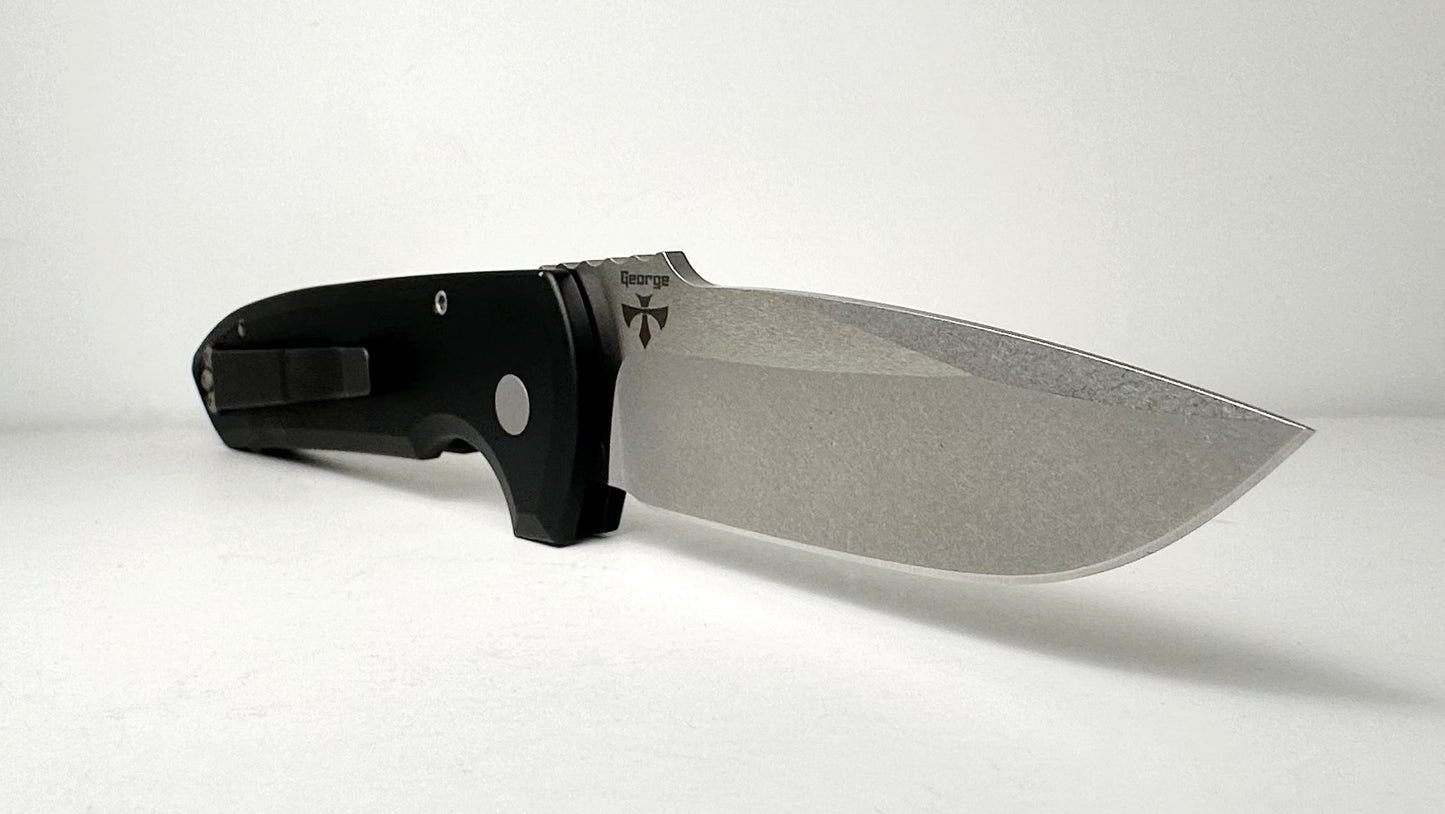 Pro-Tech Les George Rockeye Auto LG301 Pre-Owned - Stonewash 3.4" CPM-S35VN Drop Point Blade & Black Aluminum Handle - Push Button Automatic w/ No Safety | Made in USA