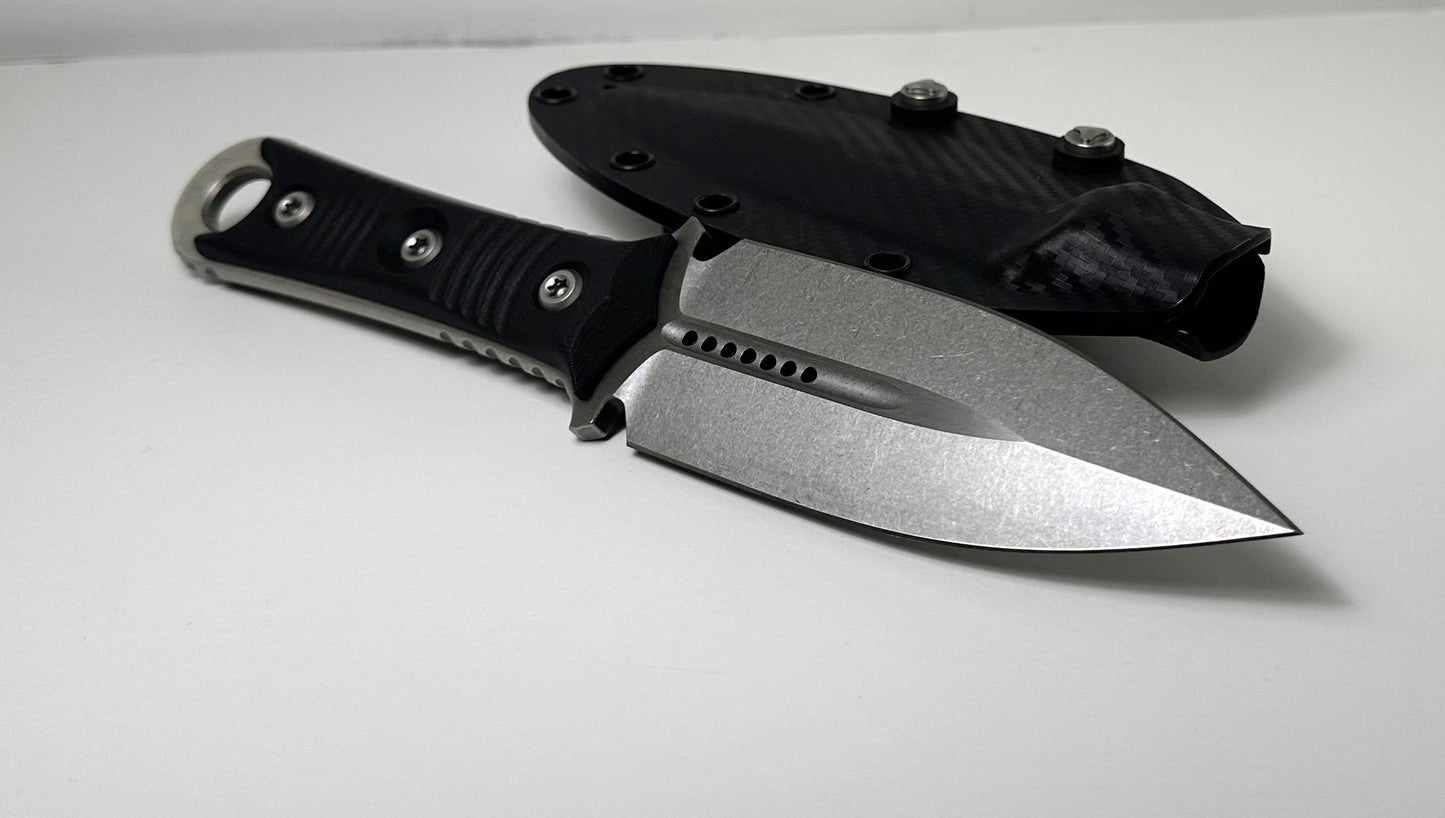 Microtech | Borka SBD Fixed Blade D/E 201-10 Pre-Owned - Stonewash Bohler M390 Double Edge Dagger Blade & Black G-10 Handle Scales - Black CF Print Kydex Sheath | Made in USA