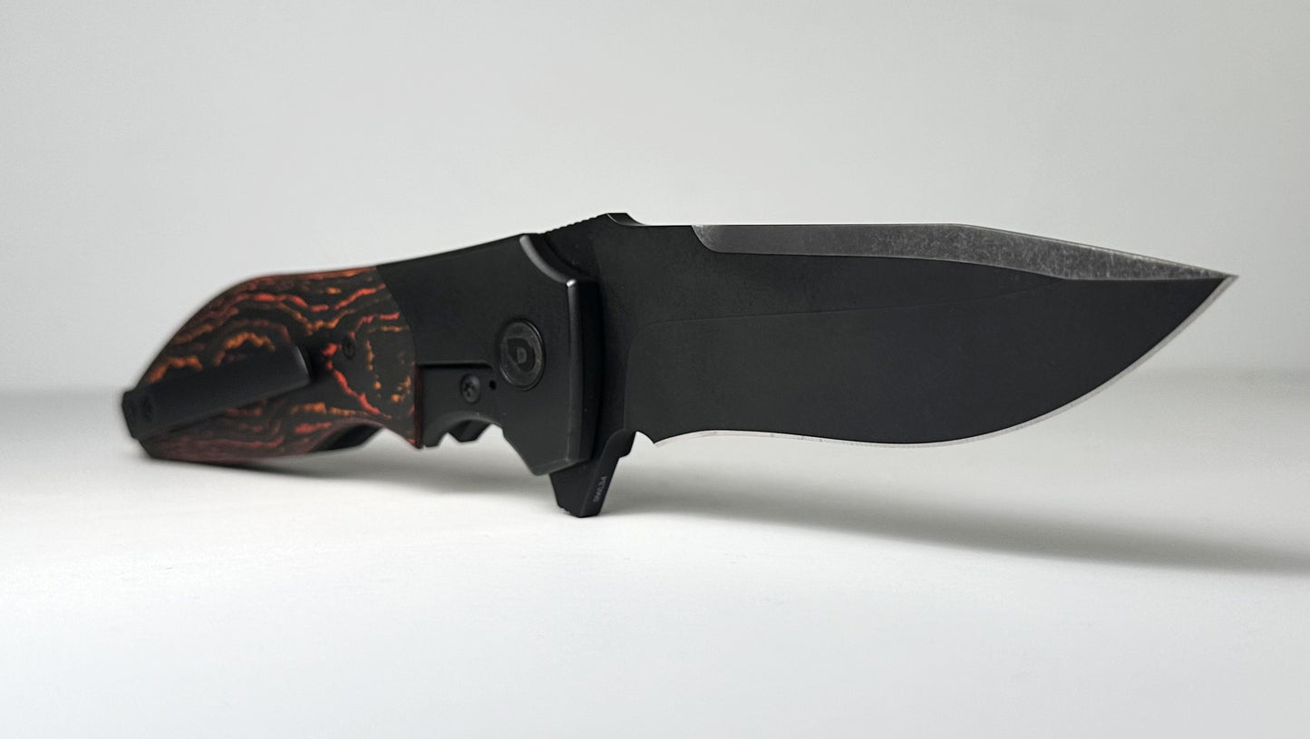 Drop | Kirby Lambert Raine Pre-Owned MDX-32738-4 - PVD Stonewash RWL34 Recurve Drop Point Blade & Titanium Frame w/ Red Fat Carbon Scales - Frame Lock Flipper Folder | Made in China
