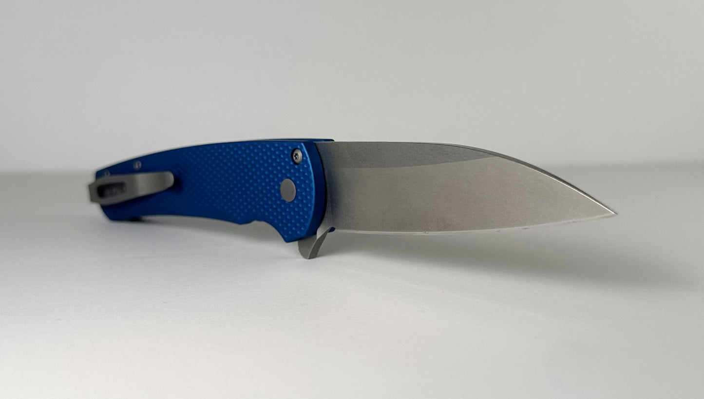 Pro-Tech Malibu Flipper 5305-BLUE Pre-Owned LNIB - Stonewashed 3.25" MagnaCut Wharncliffe Blade & Blue Knurled Aluminum Handle Scales - Button Lock Folder w/ Flipper Tab | Made in USA