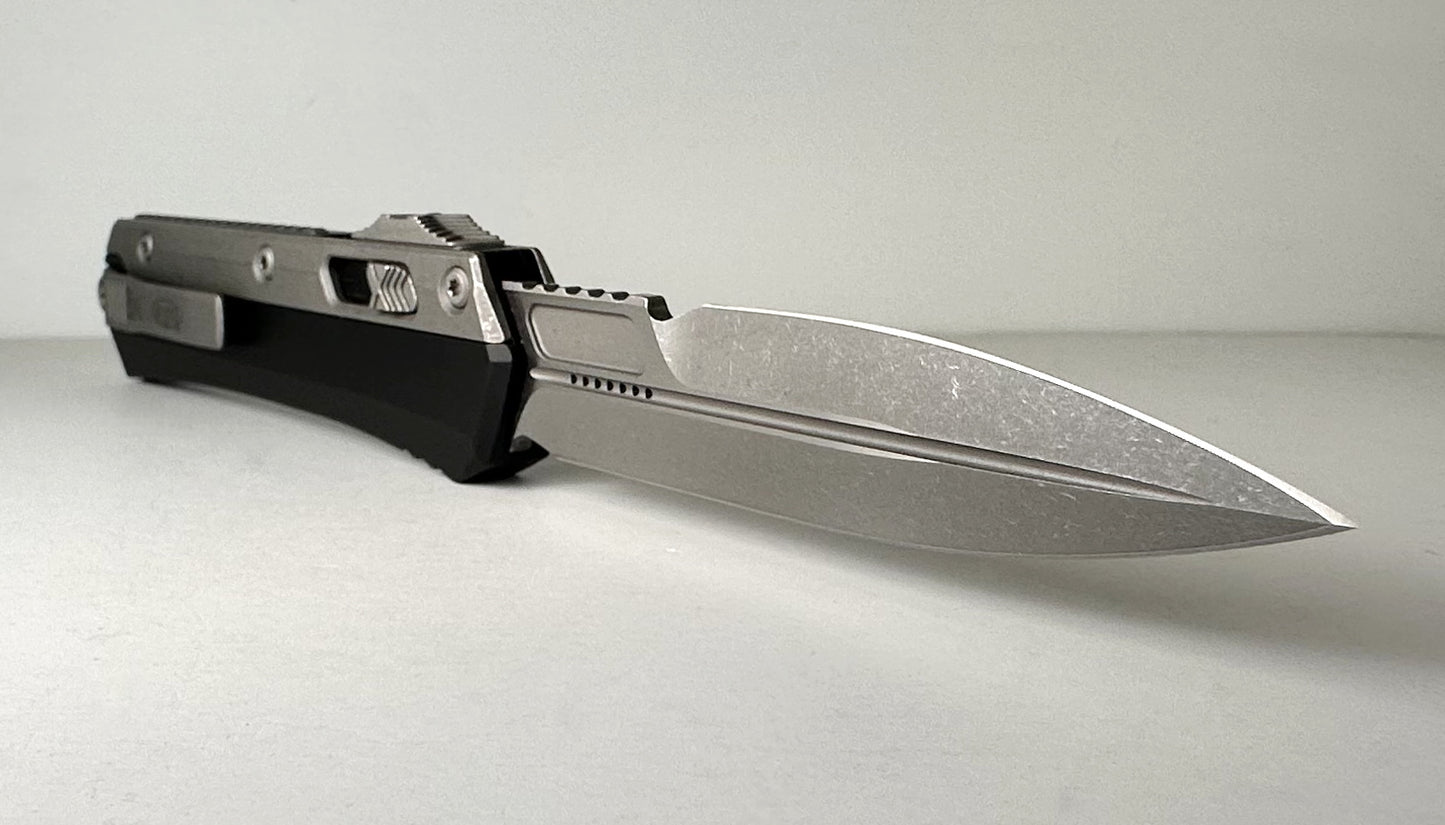 Microtech Glykon OTF 184-10AP Pre-Owned - Apocalyptic Bohler M390 Bayonet-Style Blade & Apocalypic Titanium Overlayed Aluminum Handle - Tri-Slide Out the Front Automatic | Made in USA