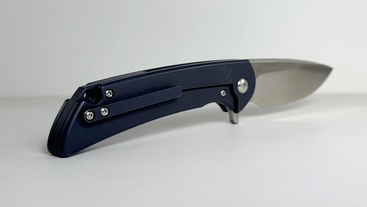 Massdrop DROP x Ferrum Forge Crux MDX-19710-6 #JL0056 Pre-Owned - Satin 3.4" CPM-S35VN Drop Point Blade & Blue Titanium Handle - Ti Frame Lock Flipper | Made in China by WE Knives