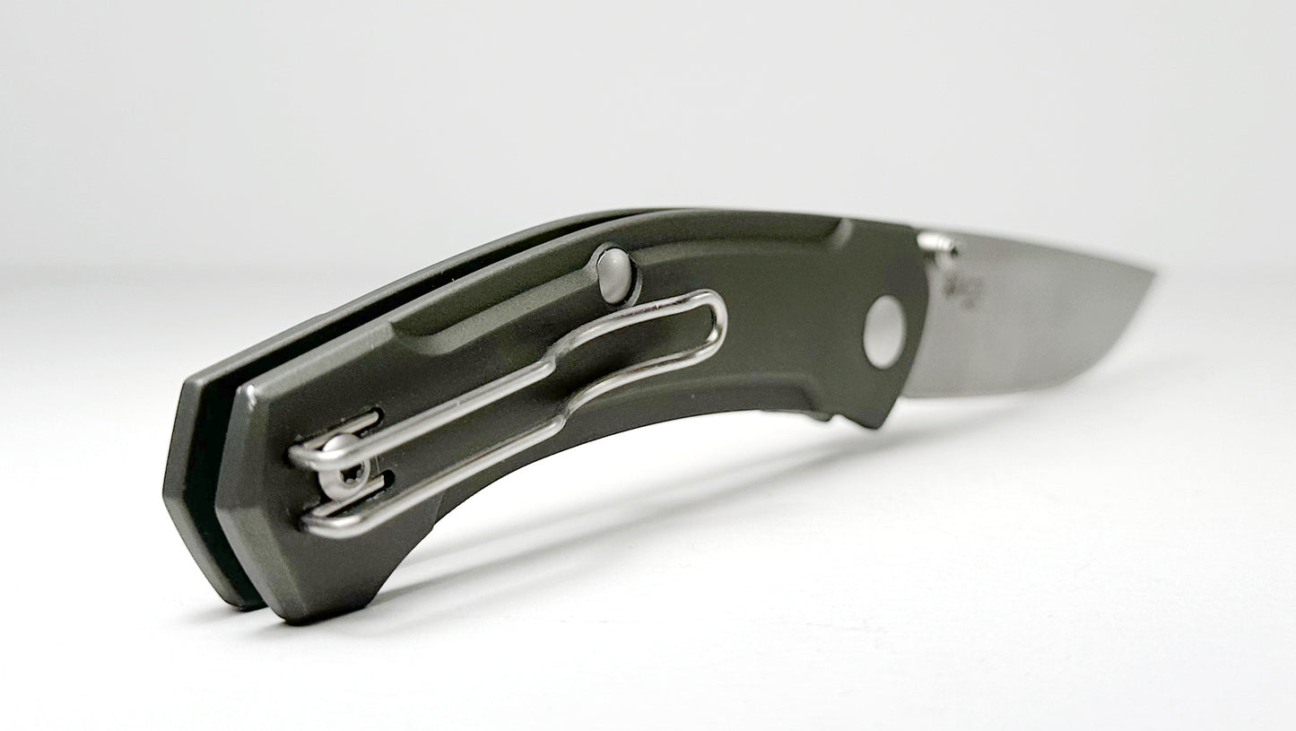 GiantMouse ACE Iona Pre-Owned - OD Green Aluminum Handle Scales & Stonewash 2.9" Bohler M390 Drop Point Blade - Liner Lock Manual w/ Dual Thumb Studs | Made in Italy