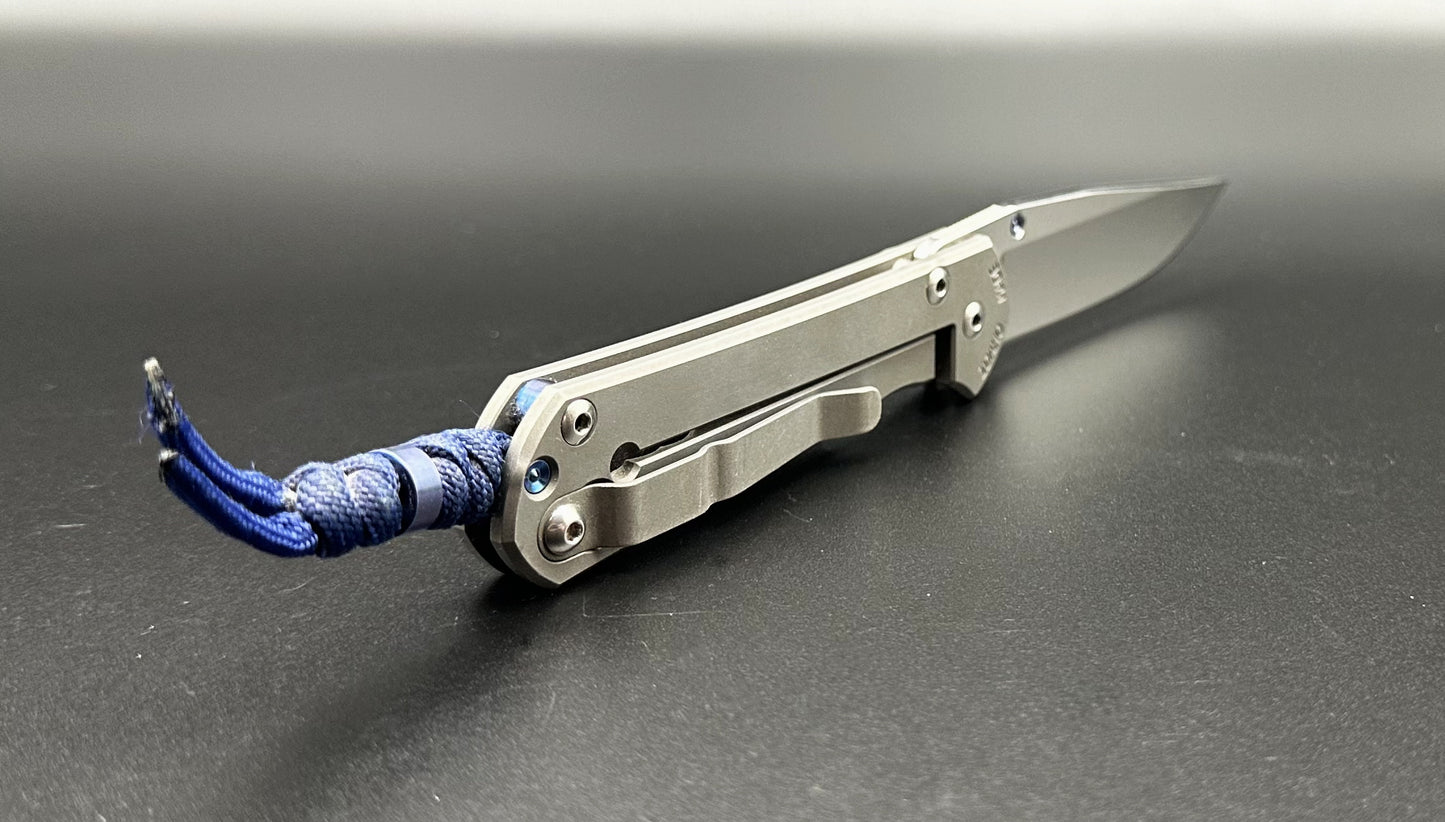Chris Reeve Knives Small Sebenza 21 Plain Pre-Owned S21-1000 - Stonewash CPM-S35VN Drop Point Blade & 6Al4V Titanium Frame Lock Handle w/ Thumbstud & Midnight Blue Lanyard & Bead | Made in USA