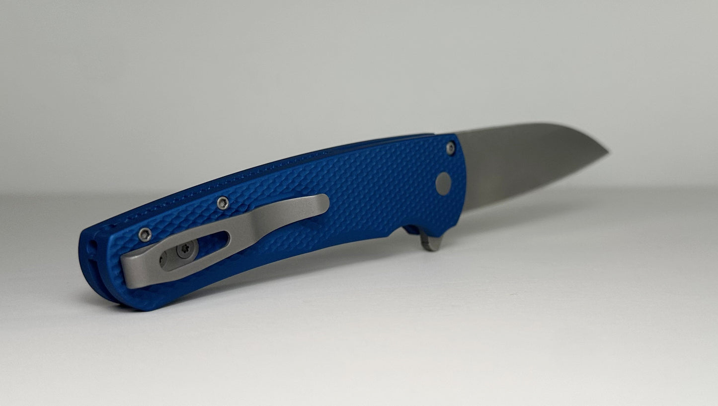 Pro-Tech Malibu Flipper 5305-BLUE Pre-Owned LNIB - Stonewashed 3.25" MagnaCut Wharncliffe Blade & Blue Knurled Aluminum Handle Scales - Button Lock Folder w/ Flipper Tab | Made in USA
