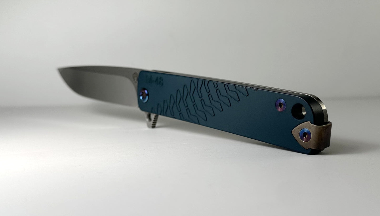 Medford Knife & Tool M-48 Flipper Pre-Owned - Tumbled Satin CPM-S45VN Drop Point Blade & Blue Aluminum Scales over Titanium Frame - Ti Frame Lock | Made in USA