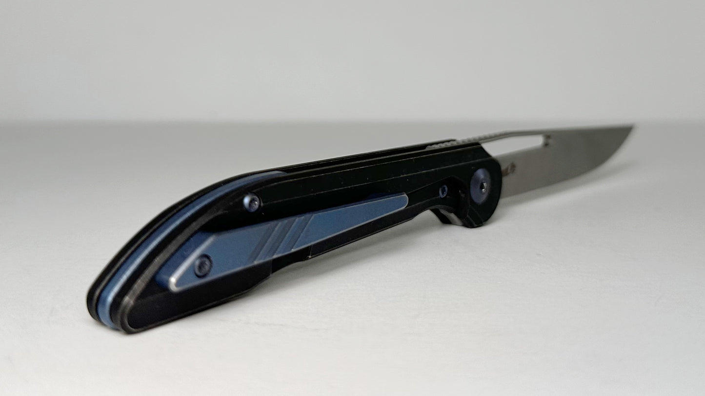 Boos Smoke Mini Ti Pre-Owned - Stonewashed 3" CPM-20CV Blade & Gray Full Titanium Handle w/ Blue Hardware & Pocket Clip | Made in China by WE Knives