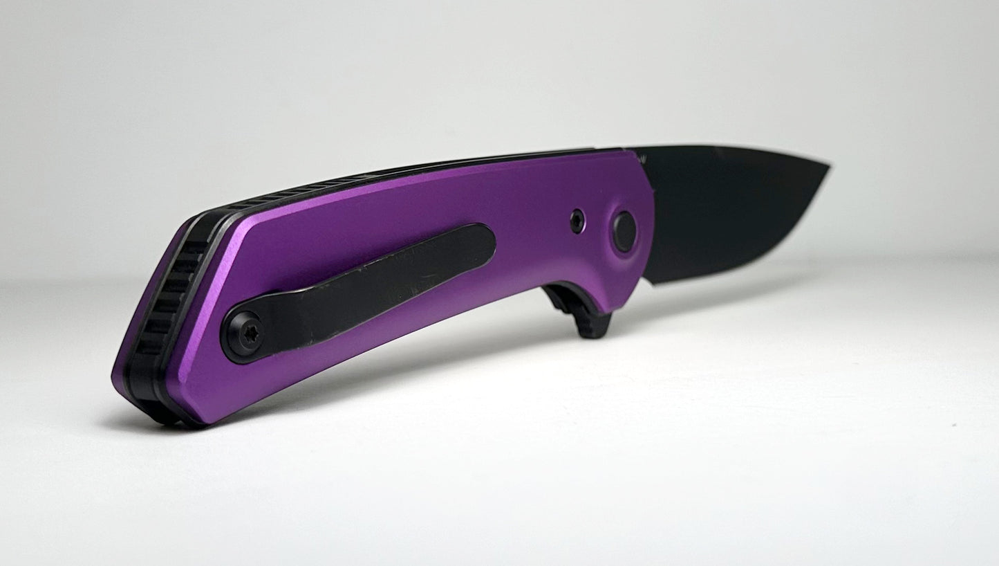 Reate PL-XF Pre-Owned - Black PVD 3.4" Nitro-V Drop Point Blade & Purple Anodized Aluminum Handle - Button Lock Flipper Knife w/ Plunge Lock | Made in China