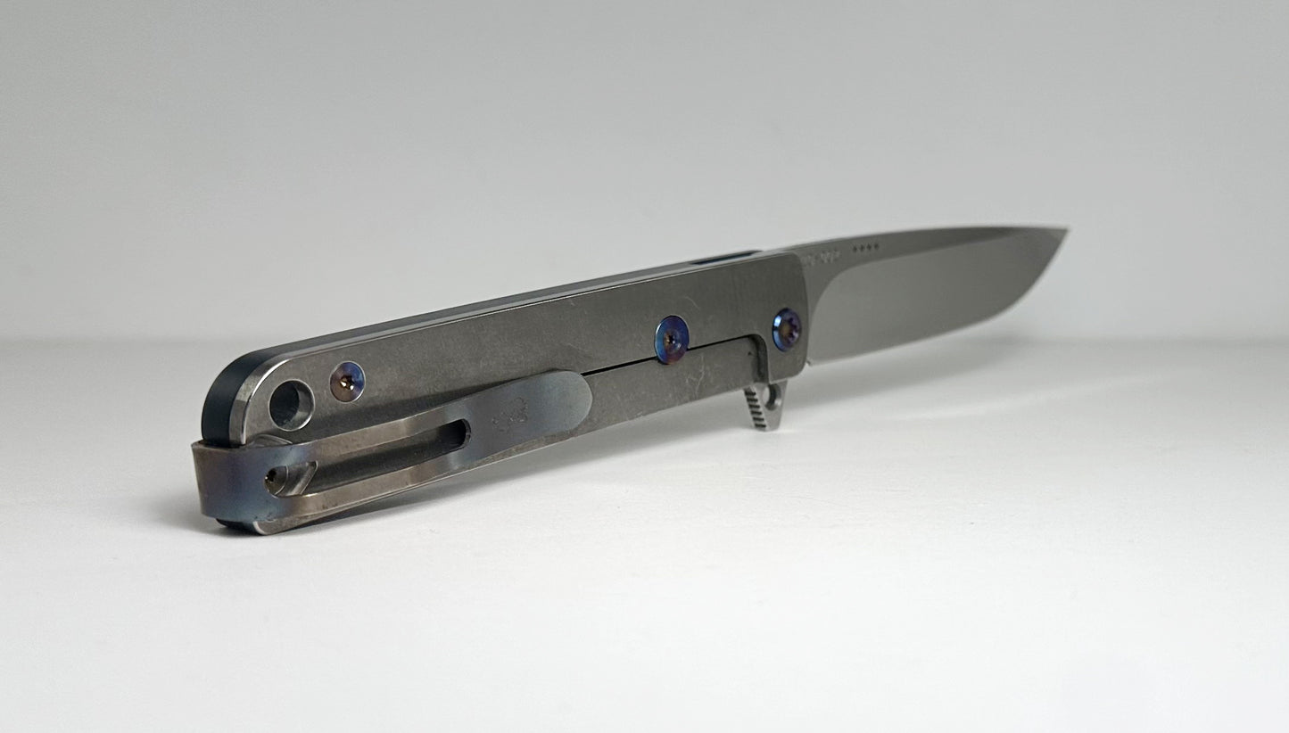 Medford Knife & Tool M-48 Flipper Pre-Owned - Tumbled Satin CPM-S45VN Drop Point Blade & Blue Aluminum Scales over Titanium Frame - Ti Frame Lock | Made in USA