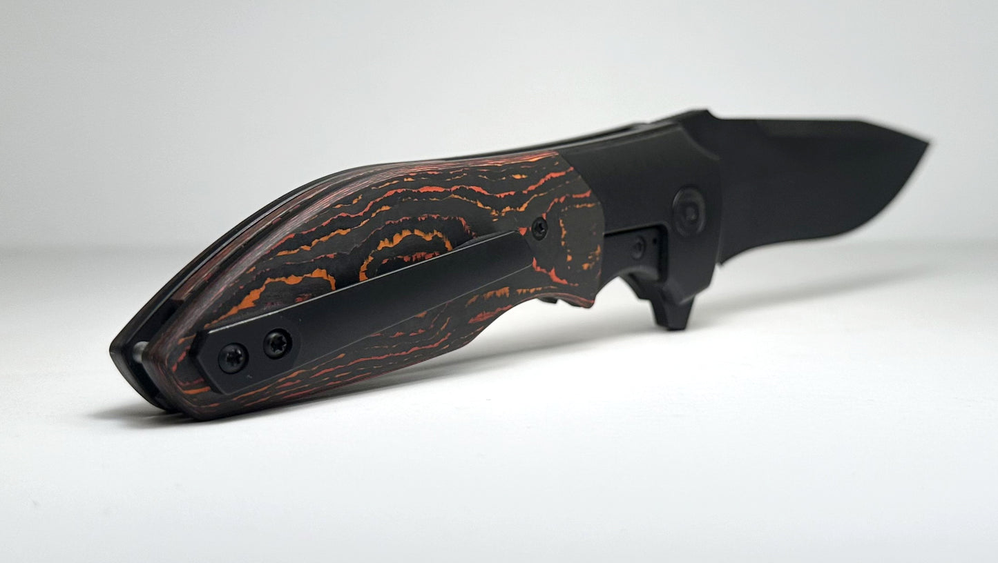 Drop | Kirby Lambert Raine Pre-Owned MDX-32738-4 - PVD Stonewash RWL34 Recurve Drop Point Blade & Titanium Frame w/ Red Fat Carbon Scales - Frame Lock Flipper Folder | Made in China