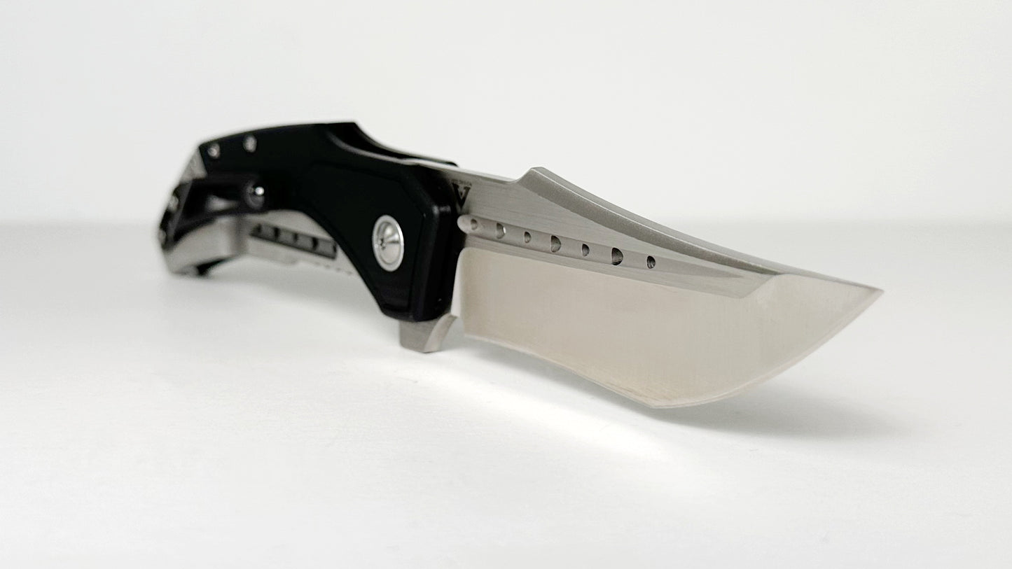 Begg Knives Astio BG008 Pre-Owned LNIB - Satin 3.5" CPM D2 Recurve Tanto Blade & Black G-10 Handle Scales - Ball Bearing SS Pocket Clip - Frame Lock Folder w/ Flipper Tab | Made in China