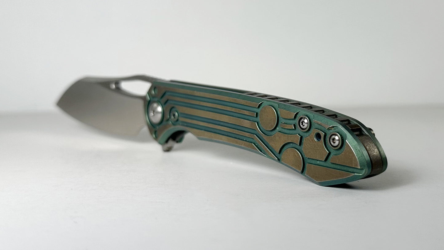 Massdrop DROP x Ferrum Forge Dao MDX-25567-5 #CN018 Pre-Owned - Satin 3.4" CPM-S35VN Modified Sheepsfoot Blade & Circuit Board Milled Green Titanium Handle w/ "Gold" Bronzed Flats - Ti Frame Lock Flipper | Made in China by WE Knives