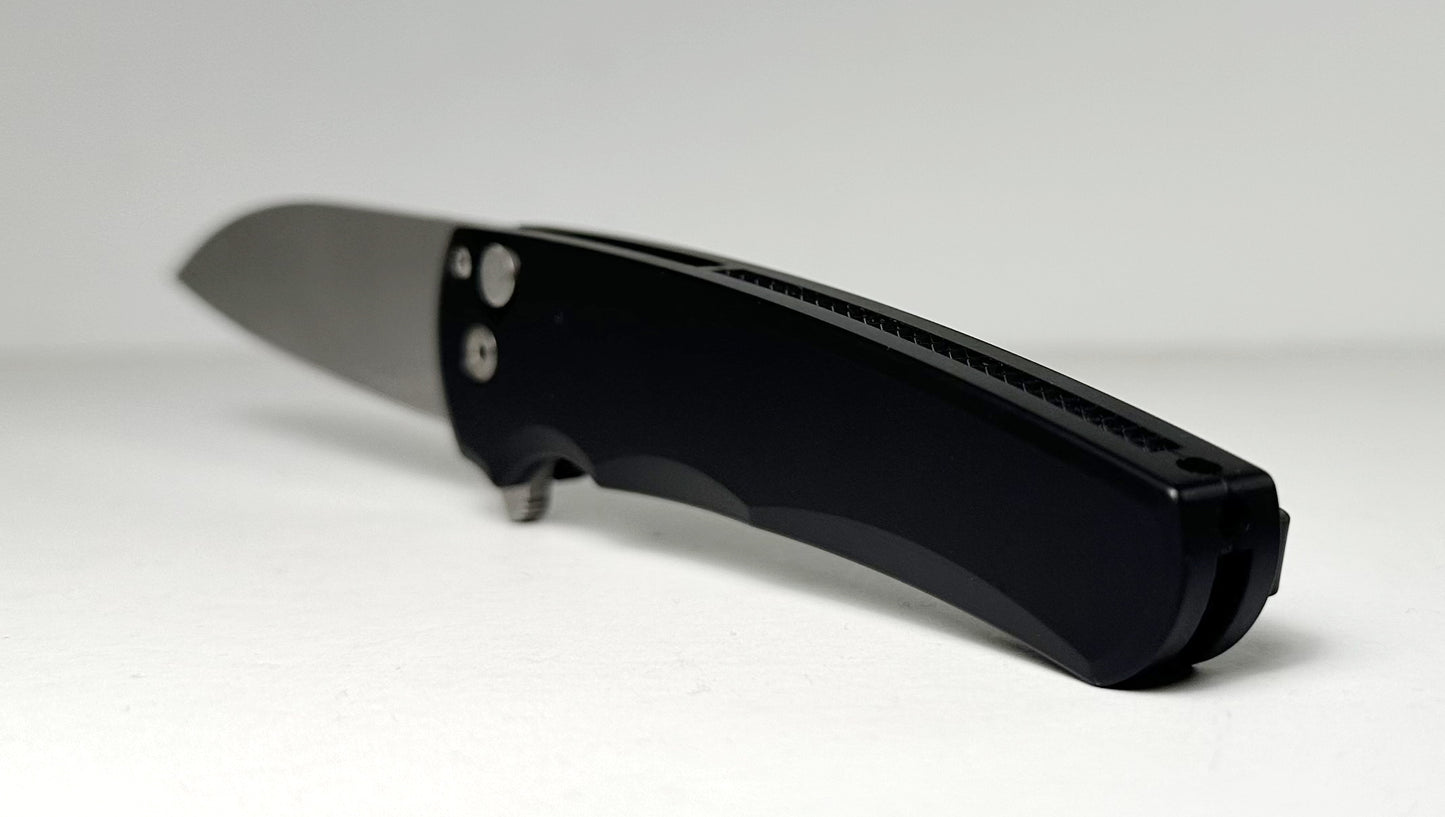 Pro-Tech Malibu Flipper 5101 Pre-Owned - Stonewash 3.3" CPM-20CV Wharncliffe Blade & Smooth Black Aluminum Handle - Button Lock Flipper | Made in USA