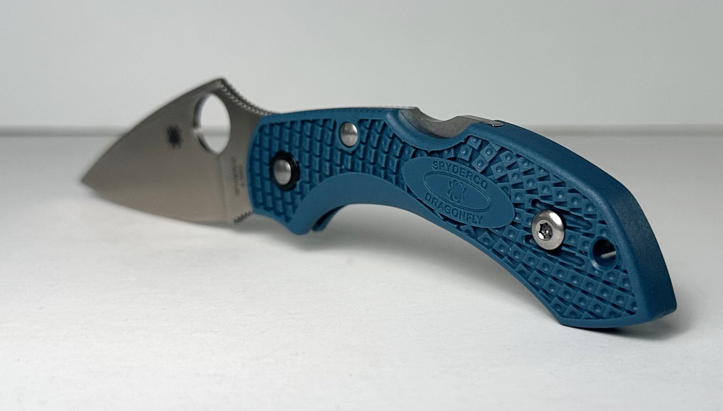 Spyderco Dragonfly 2 C28FP2K390 Pre-Owned - Satin 2.3" Bohler K390 Drop Point Blade & Blue FRN Handle Scales - Lockback Manual w/ Round Thumb Hole | Made in Japan