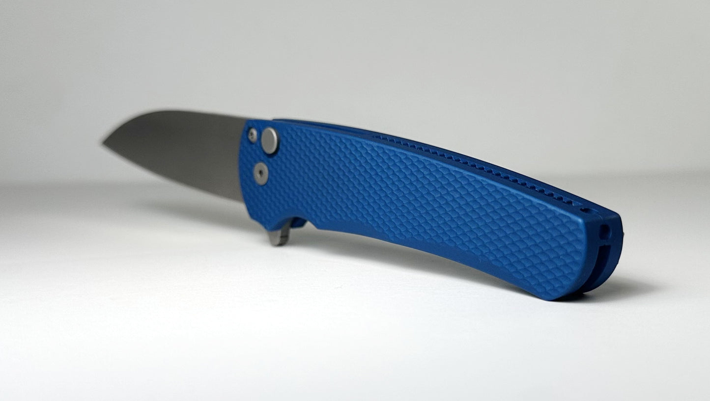 Pro-Tech Malibu Flipper 5305-BLUE Pre-Owned LNIB - Stonewashed 3.25" MagnaCut Wharncliffe Blade & Blue Knurled Aluminum Handle Scales - Button Lock Folder w/ Flipper Tab | Made in USA