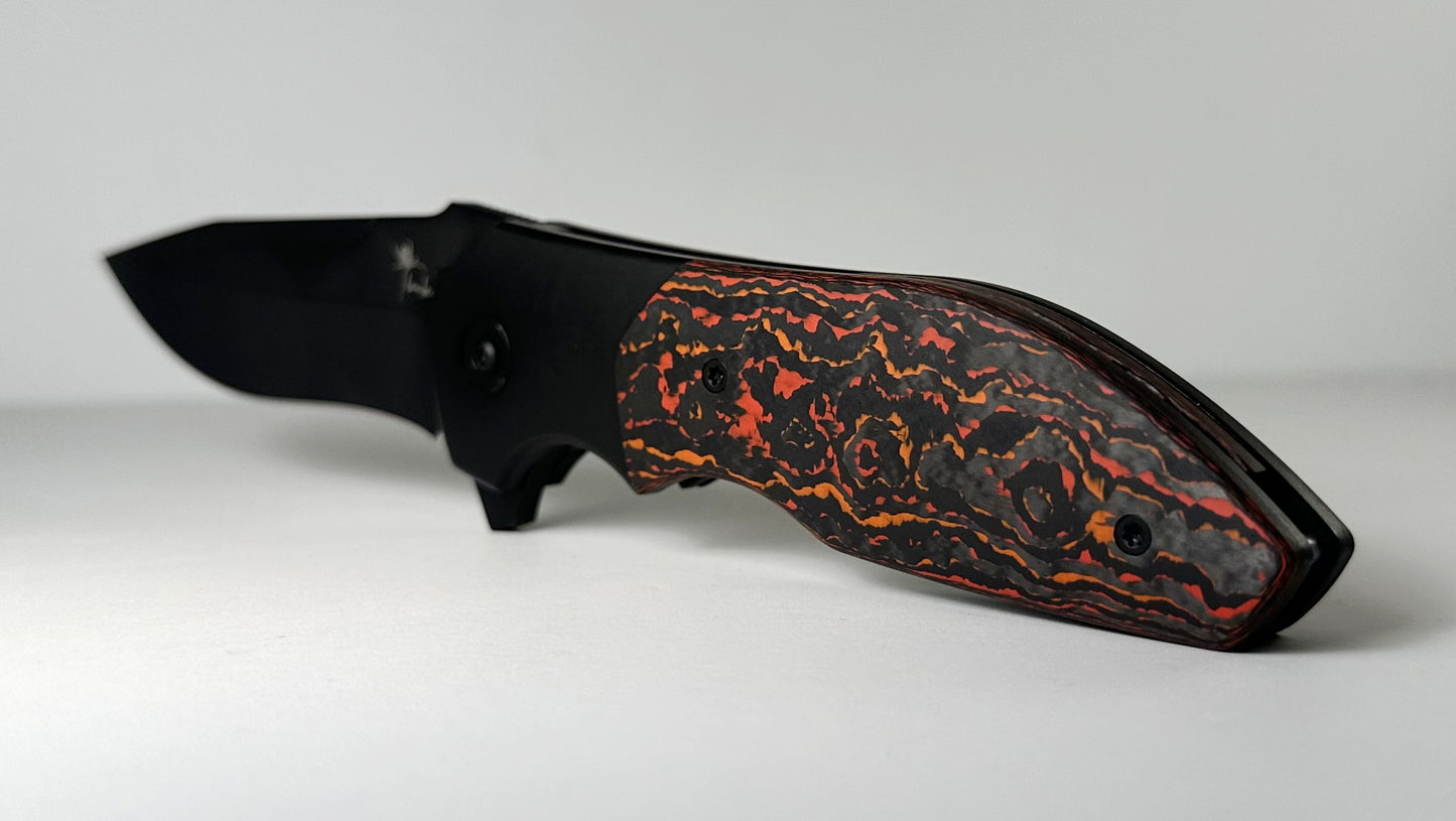 Drop | Kirby Lambert Raine Pre-Owned MDX-32738-4 - PVD Stonewash RWL34 Recurve Drop Point Blade & Titanium Frame w/ Red Fat Carbon Scales - Frame Lock Flipper Folder | Made in China