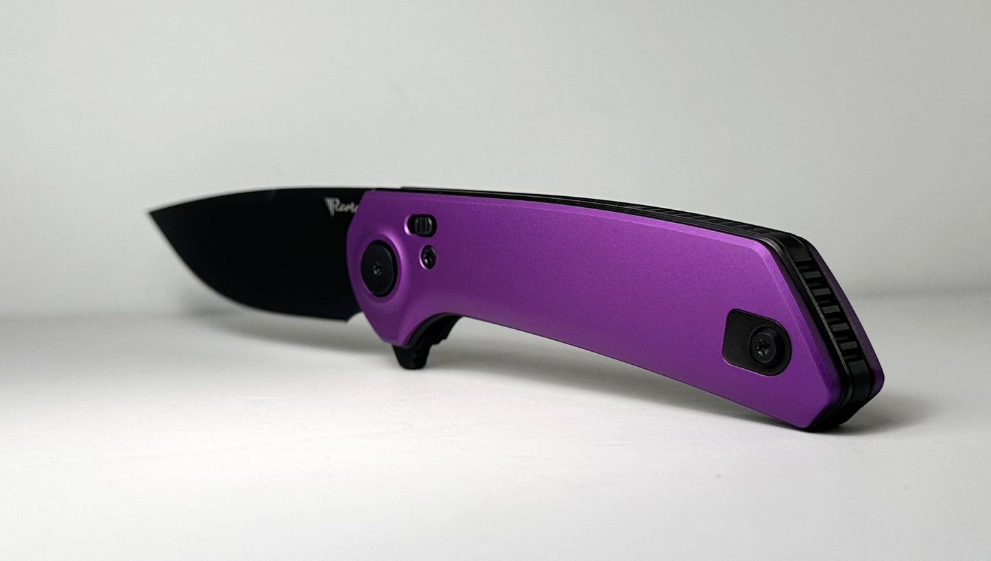Reate PL-XF Pre-Owned - Black PVD 3.4" Nitro-V Drop Point Blade & Purple Anodized Aluminum Handle - Button Lock Flipper Knife w/ Plunge Lock | Made in China