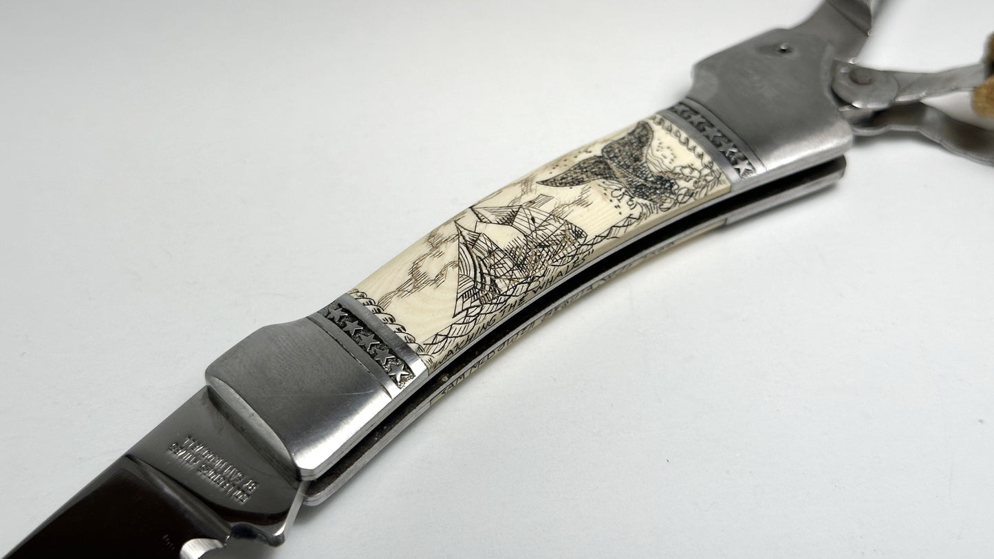 Sam McDowell Rigger Blade "Watching the Whales" Scrimshaw Pre-Owned USED - Satin Surgical Steel Serrated Saw Blade - Marlin Spike w/ Sailor-made Rope & Unoriginal Nylon Sheath | Made in Seki-City, Japan