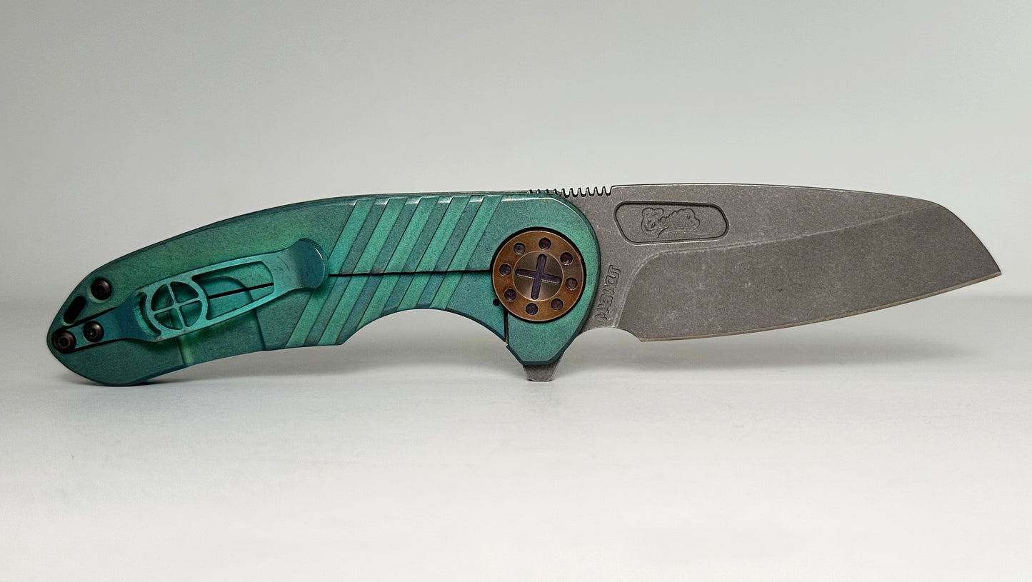 Curtiss Knives Custom F3 Med Wharny Flipper Pre-Owned - Blasted CPM Magnacut Wharncliffe Blade - Antique Green Titanium Slide-Milled Handle Scales w/ Root Beer Hardware - Frame Lock Flipper | Made in USA