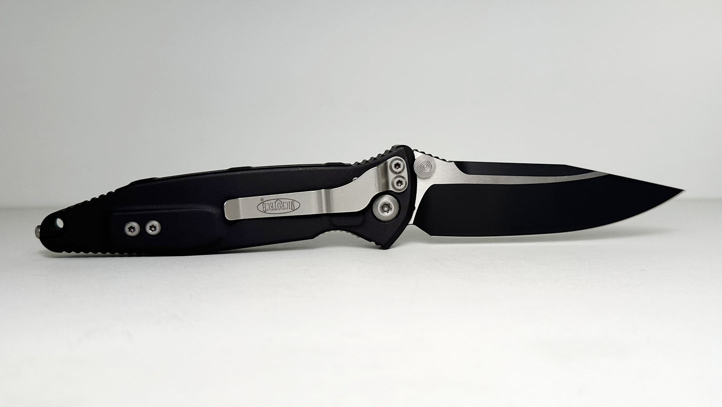 Microtech SOCOM Elite Manual 160-1 Pre-Owned - Black Coated 4.05" Bohler M390 Clip Point Blade & Black Aluminum Handle w/ Grip Inserts - Liner Lock Manual w/ Dual Thumb Studs | Made in USA