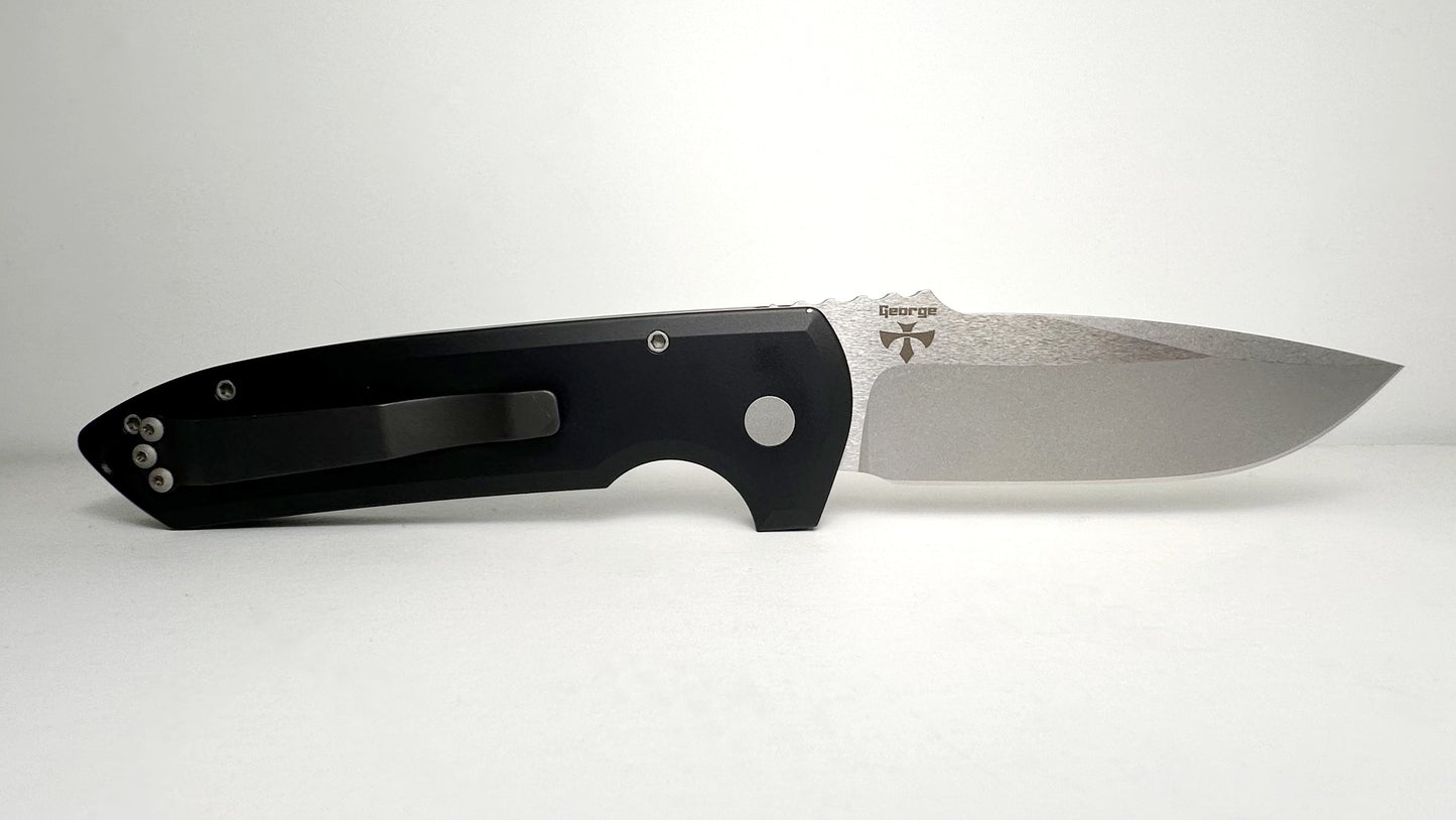 Pro-Tech Les George Rockeye Auto LG301 Pre-Owned - Stonewash 3.4" CPM-S35VN Drop Point Blade & Black Aluminum Handle - Push Button Automatic w/ No Safety | Made in USA