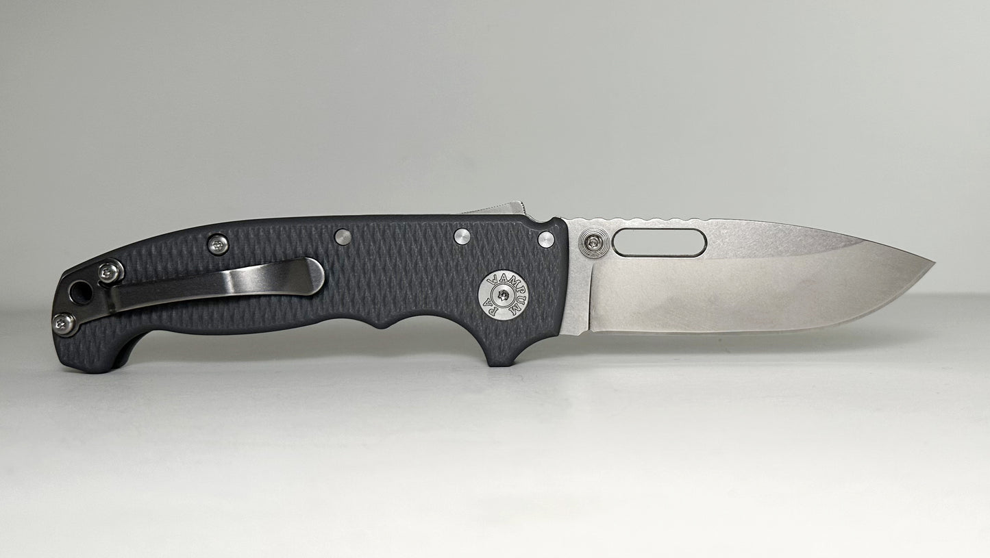 Demko AD20-I Full-Sized International Pre-Owned - Stonewashed CPM-20CV Slotted Drop Point Blade & Gray G-10 Handle Scales - Shark Lock Folder w/ Dual Studs | Assembled in USA