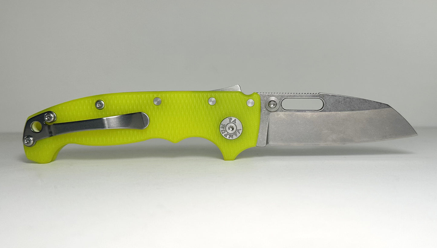 Demko Knives MG AD20S Pre-Owned Day Glow - Stonewash 3.6" CPM-S45VN Slotted Shark Foot Blade & Day-Glow G-10 Handle Scales - Shark Lock Folder w/ Dual Studs | Made in USA