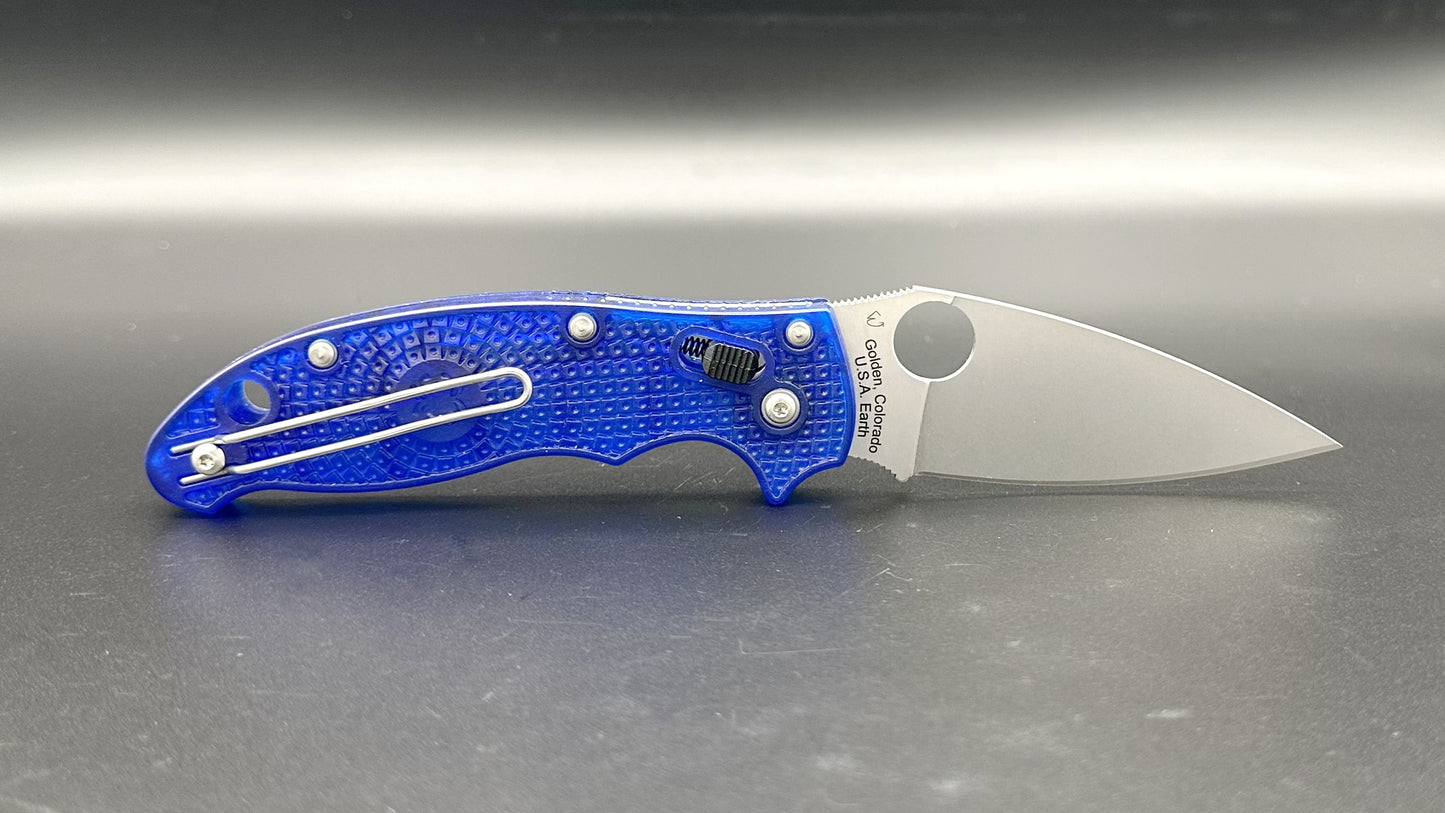 Spyderco Manix 2 C101PBL2 Pre-Owned - Satin CTS-BD1 Leaf-Shaped Drop Point Blade & Translucent Blue FRCP Handle Scales - Bar-Lock w/ Round Thumb Hole | Made in USA