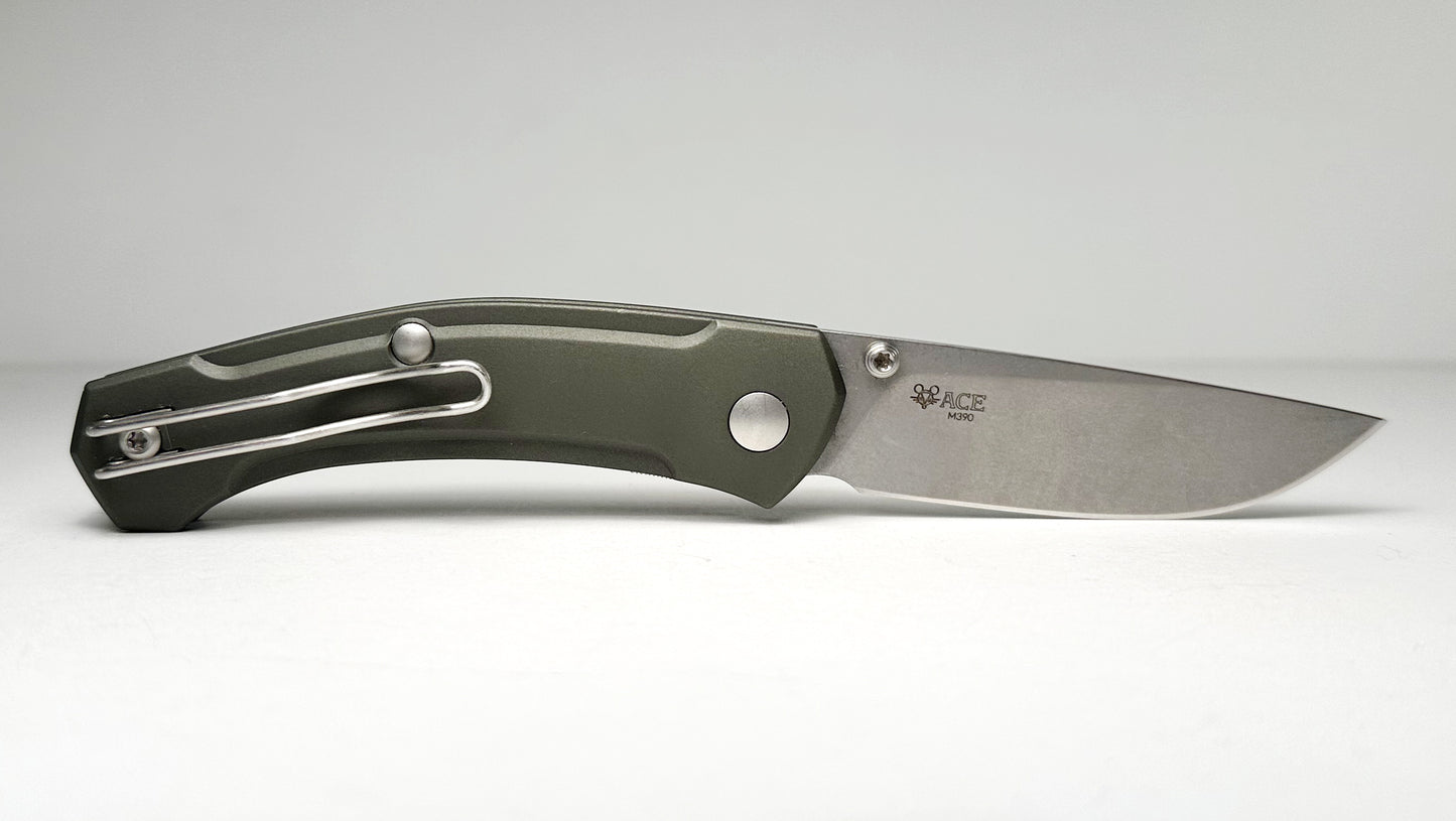 GiantMouse ACE Iona Pre-Owned - OD Green Aluminum Handle Scales & Stonewash 2.9" Bohler M390 Drop Point Blade - Liner Lock Manual w/ Dual Thumb Studs | Made in Italy