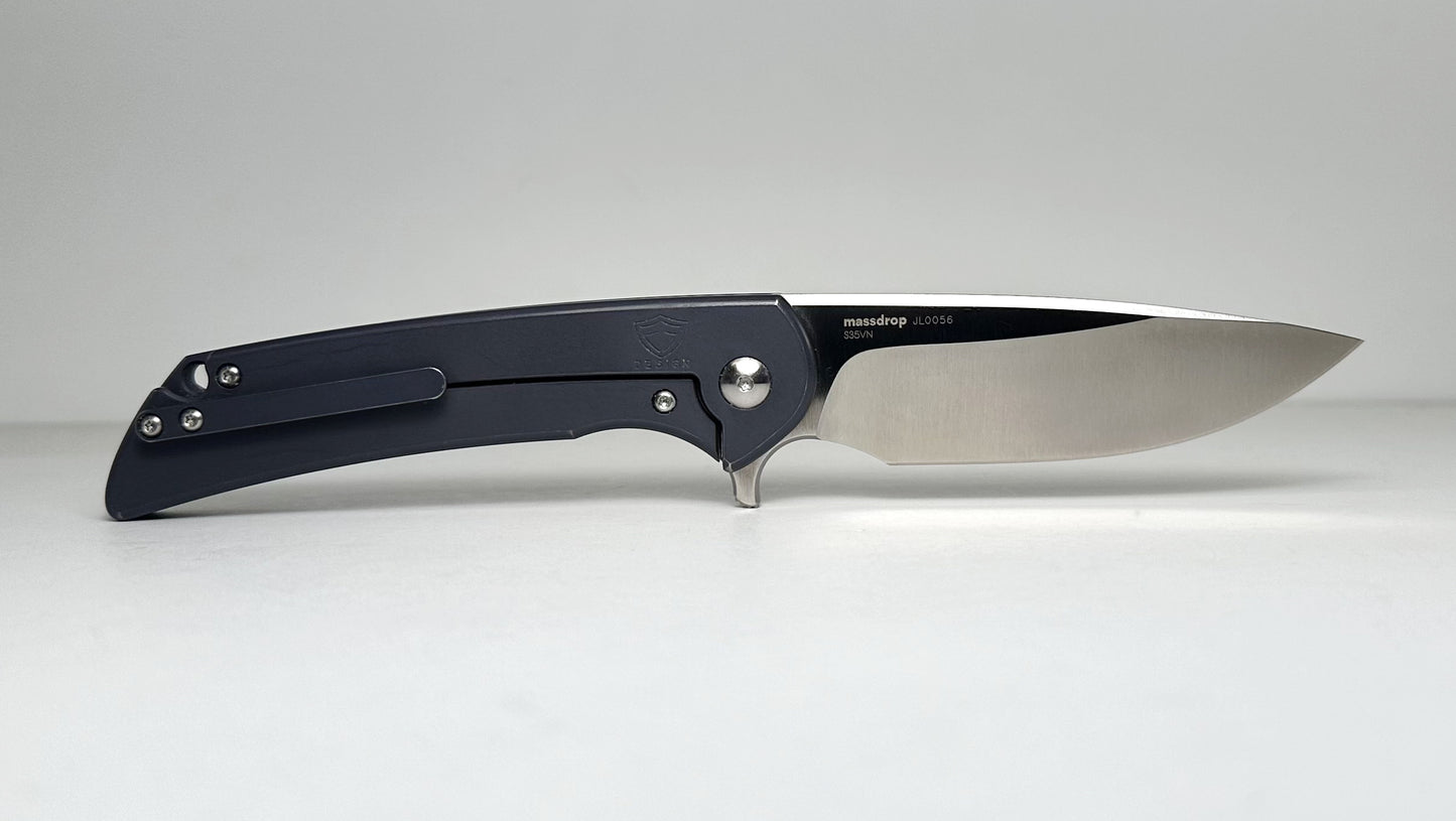 Massdrop DROP x Ferrum Forge Crux MDX-19710-6 #JL0056 Pre-Owned - Satin 3.4" CPM-S35VN Drop Point Blade & Blue Titanium Handle - Ti Frame Lock Flipper | Made in China by WE Knives