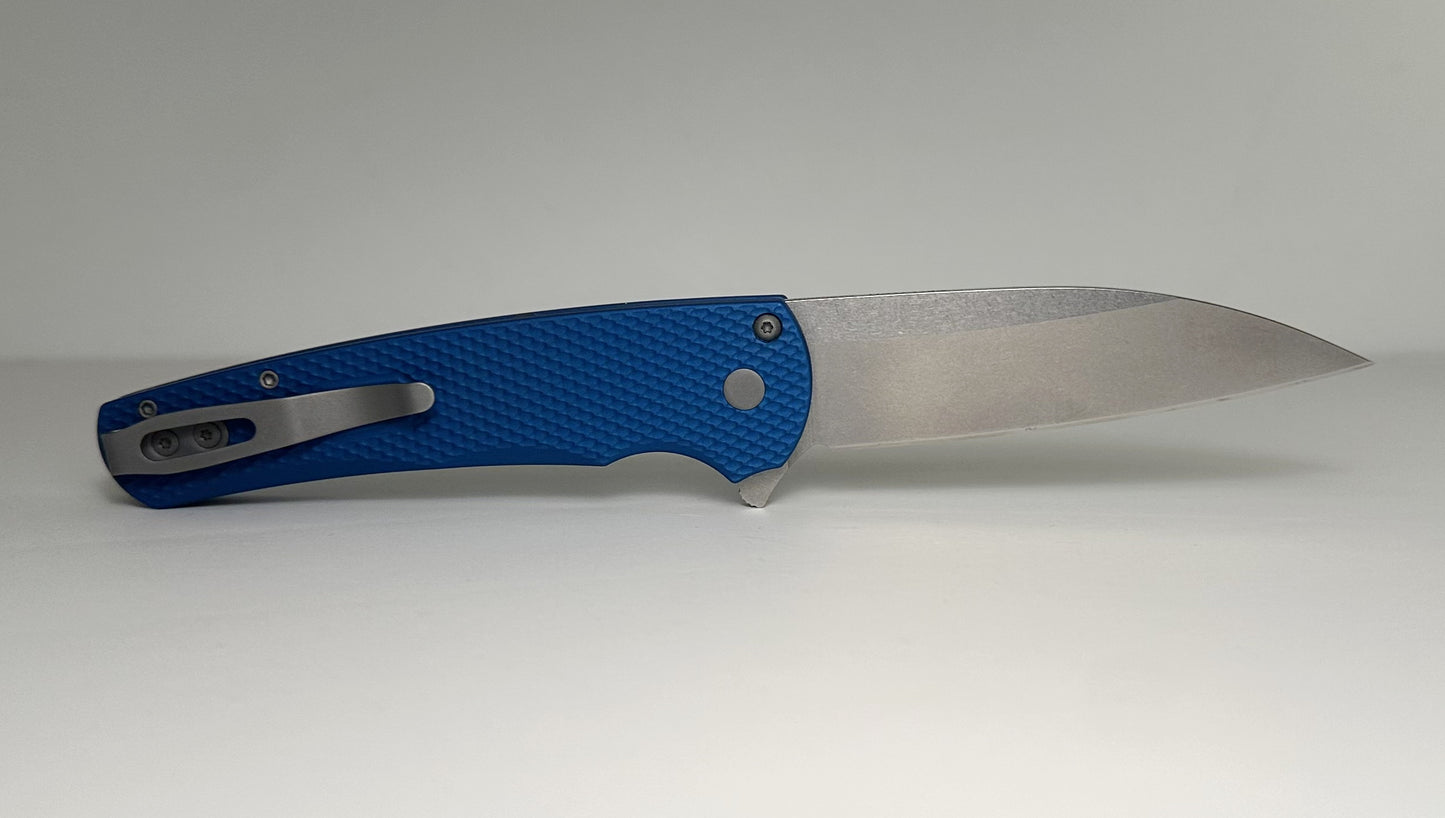 Pro-Tech Malibu Flipper 5305-BLUE Pre-Owned LNIB - Stonewashed 3.25" MagnaCut Wharncliffe Blade & Blue Knurled Aluminum Handle Scales - Button Lock Folder w/ Flipper Tab | Made in USA