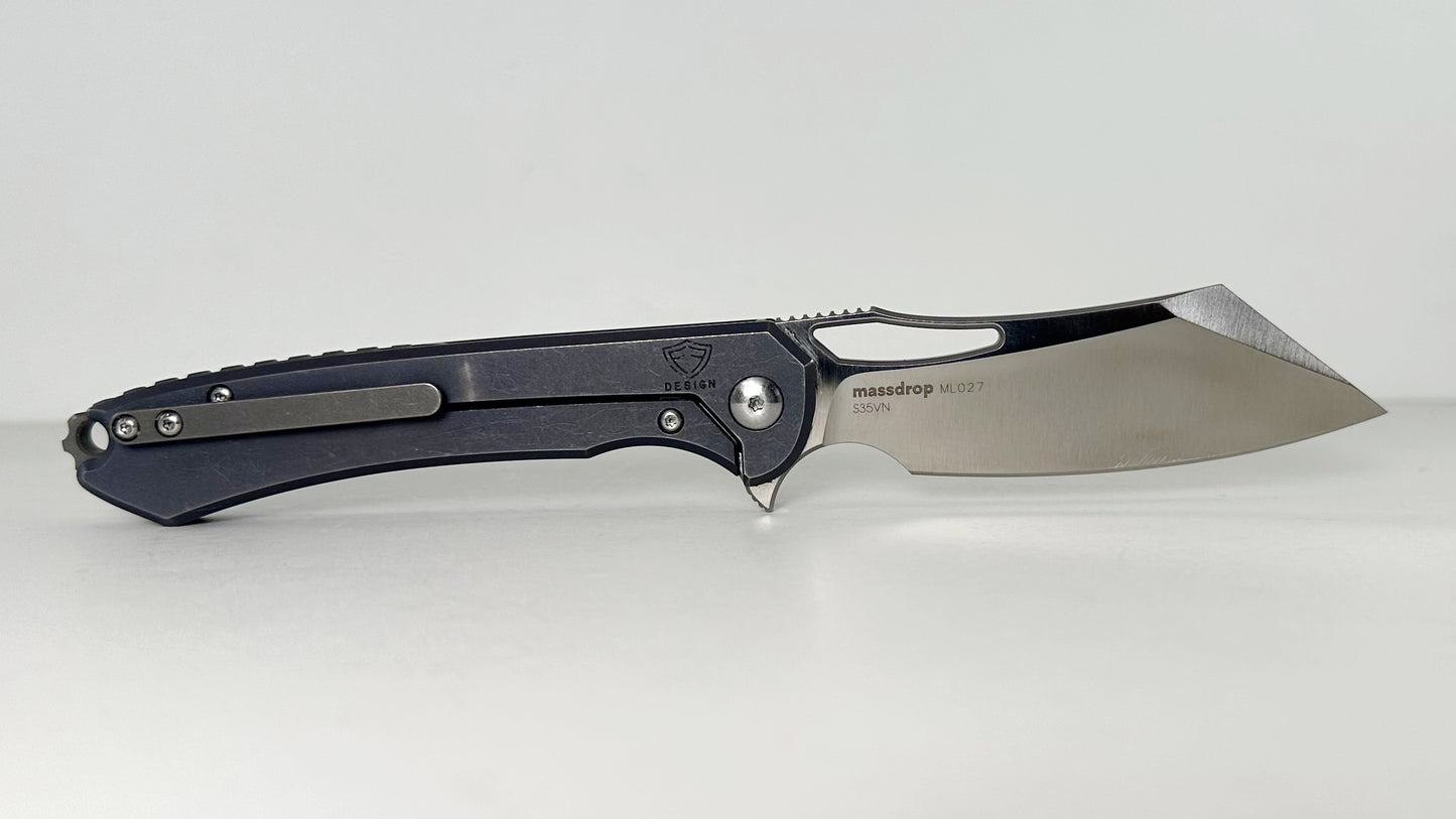 Massdrop DROP x Ferrum Forge Buc MDX-21480-8 #ML0027 Pre-Owned - Satin 3.5" CPM-S35VN Modified Sheepsfoot Blade & Blue Milled Titanium Handle - Frame Lock Flipper | Made in China by WE Knife