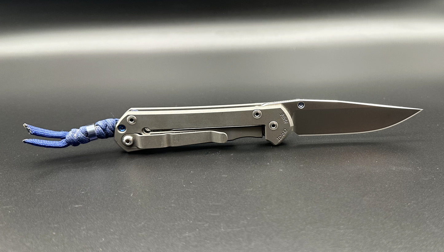 Chris Reeve Knives Small Sebenza 21 Plain Pre-Owned S21-1000 - Stonewash CPM-S35VN Drop Point Blade & 6Al4V Titanium Frame Lock Handle w/ Thumbstud & Midnight Blue Lanyard & Bead | Made in USA