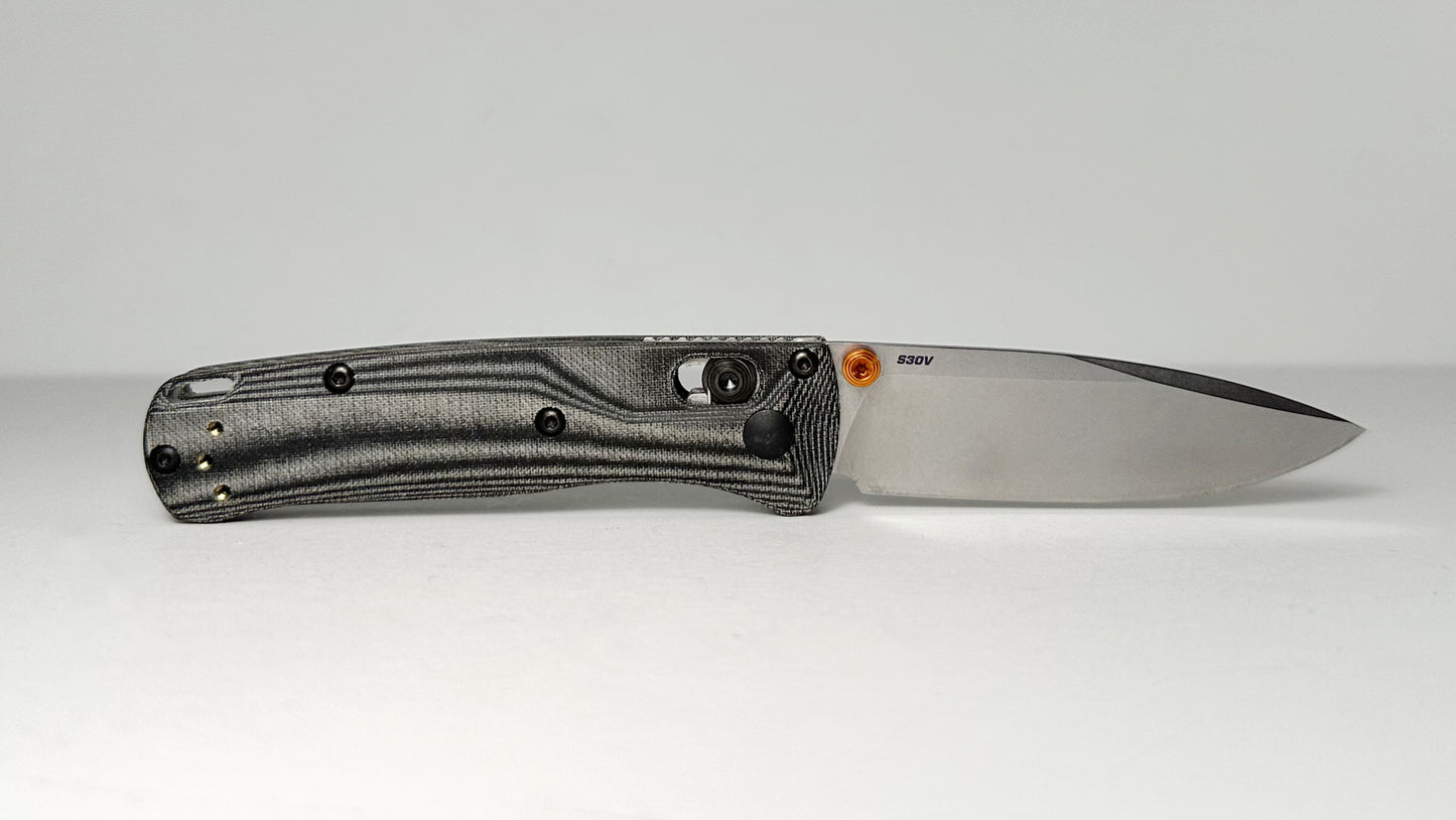 Benchmade Mini Bugout 533 USED w/ Flytanium Crossfade Black Linen Micarta Handle Scales - CPM-S30V Drop Point w/ Orange Studs & Spacers - Pocket Clip Included | Made in USA