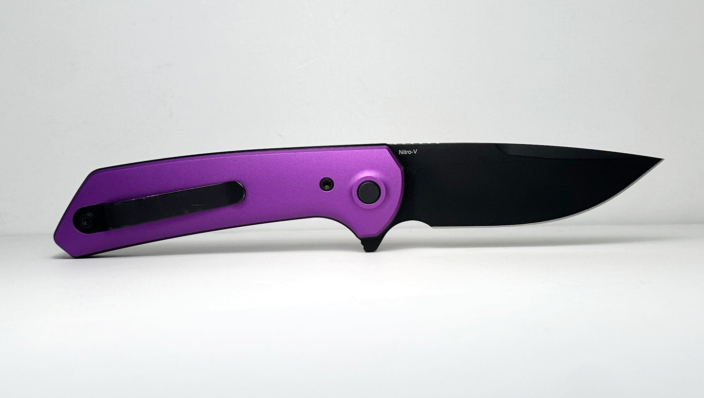 Reate PL-XF Pre-Owned - Black PVD 3.4" Nitro-V Drop Point Blade & Purple Anodized Aluminum Handle - Button Lock Flipper Knife w/ Plunge Lock | Made in China