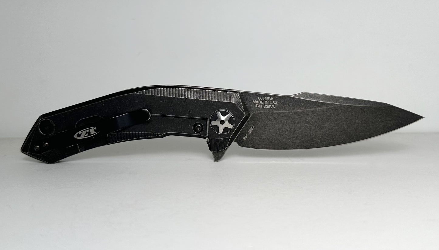 Zero Tolerance 0095BW Flipper Pre-Owned NO BOX - CPM-S35VN 3.6" Black-Washed Harpoon-Style Blade & Titanium Handle - Ti Frame Lock w/ Flipper Tab | Made in USA