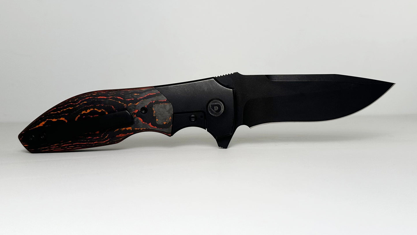 Drop | Kirby Lambert Raine Pre-Owned MDX-32738-4 - PVD Stonewash RWL34 Recurve Drop Point Blade & Titanium Frame w/ Red Fat Carbon Scales - Frame Lock Flipper Folder | Made in China