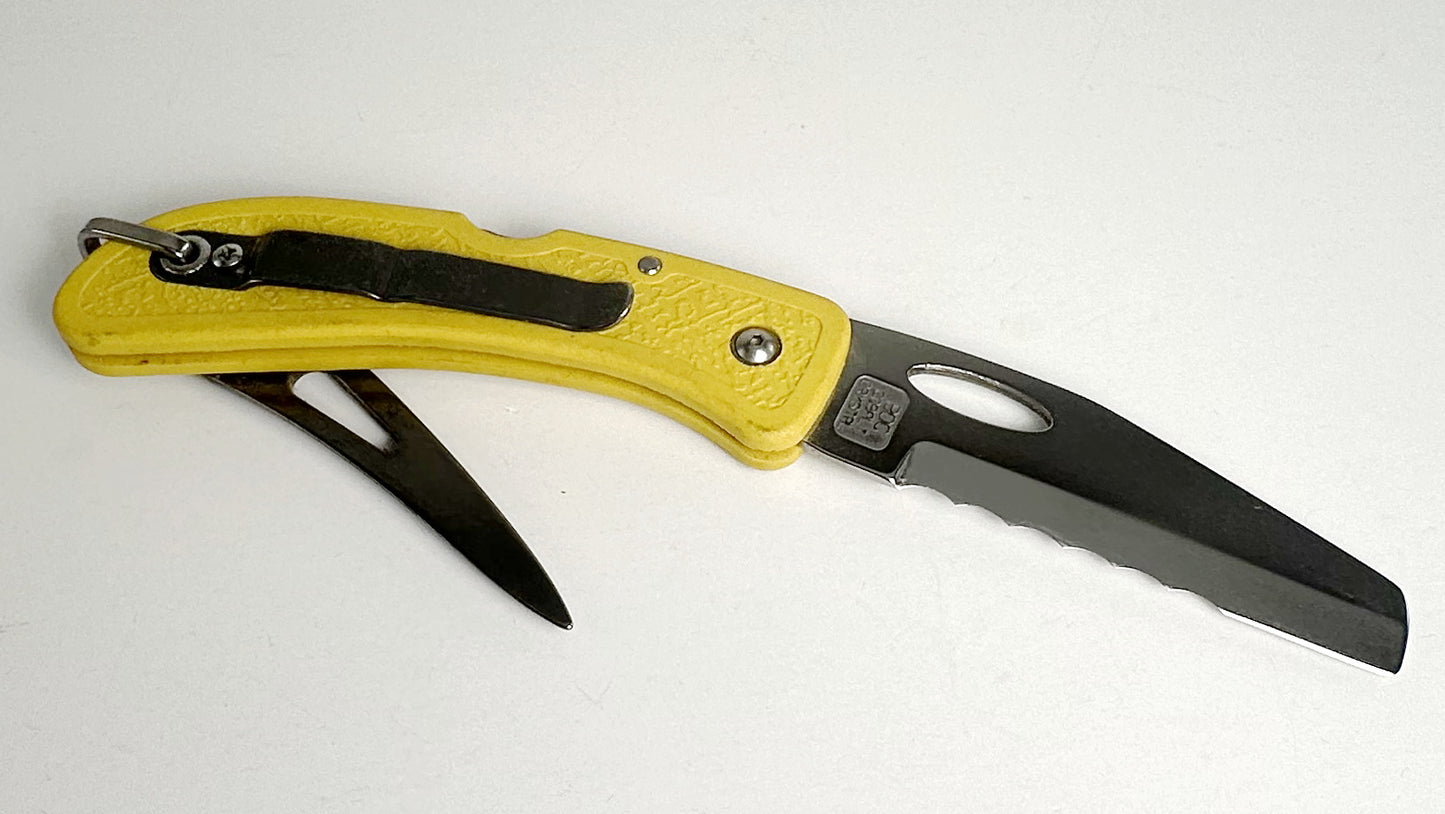 Boye Knives Folding Boating & Rescue Knife Pre-Owned NO BOX - Dendritic Cobalt Partially Serrated Sheepsfoot Blade & Yellow Zytel/FRN Handle - Titanium Pocket Clip & Marlin Spike | Made in USA