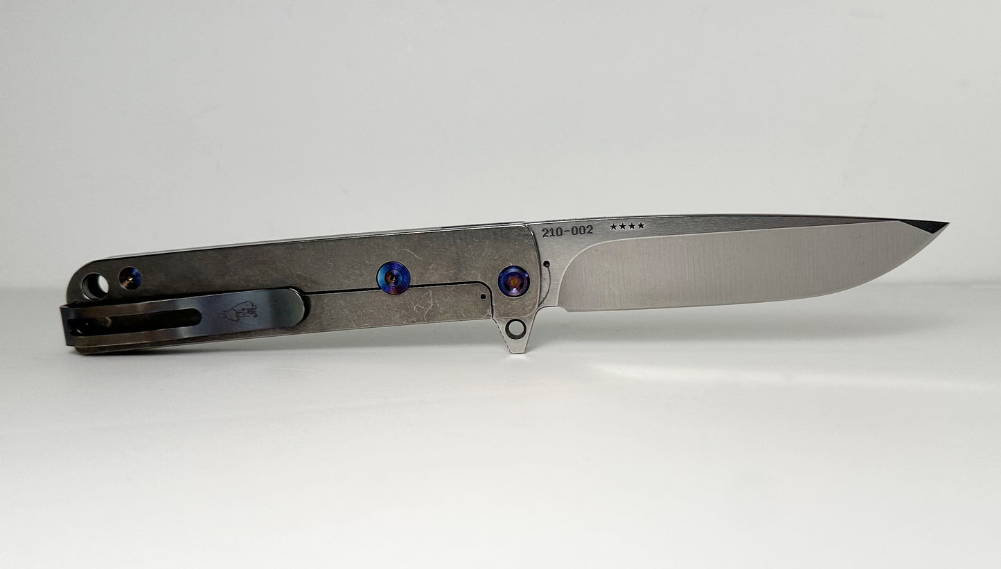 Medford Knife & Tool M-48 Flipper Pre-Owned - Tumbled Satin CPM-S45VN Drop Point Blade & Blue Aluminum Scales over Titanium Frame - Ti Frame Lock | Made in USA
