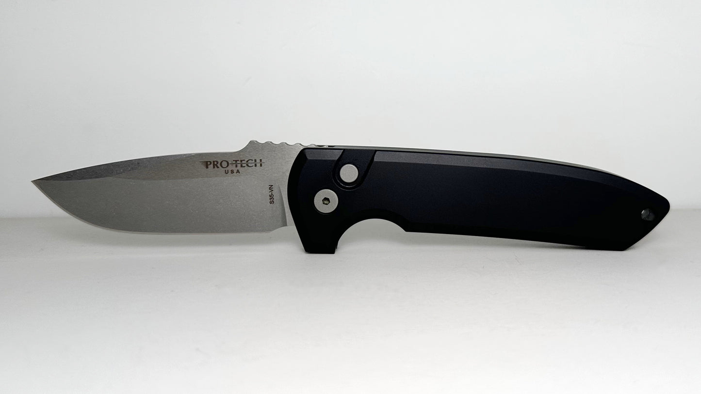 Pro-Tech Les George Rockeye Auto LG301 Pre-Owned - Stonewash 3.4" CPM-S35VN Drop Point Blade & Black Aluminum Handle - Push Button Automatic w/ No Safety | Made in USA