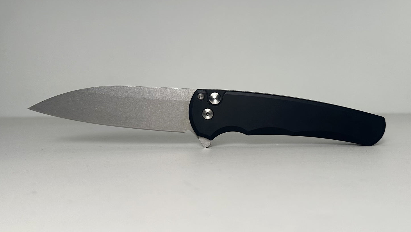 Pro-Tech Malibu Flipper 5101 Pre-Owned - Stonewash 3.3" CPM-20CV Wharncliffe Blade & Smooth Black Aluminum Handle - Button Lock Flipper | Made in USA