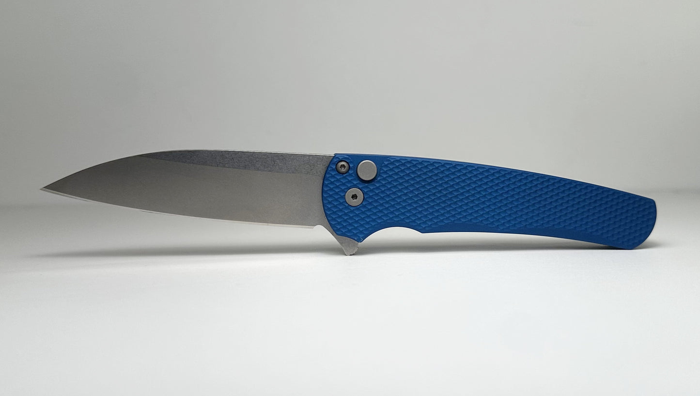 Pro-Tech Malibu Flipper 5305-BLUE Pre-Owned LNIB - Stonewashed 3.25" MagnaCut Wharncliffe Blade & Blue Knurled Aluminum Handle Scales - Button Lock Folder w/ Flipper Tab | Made in USA