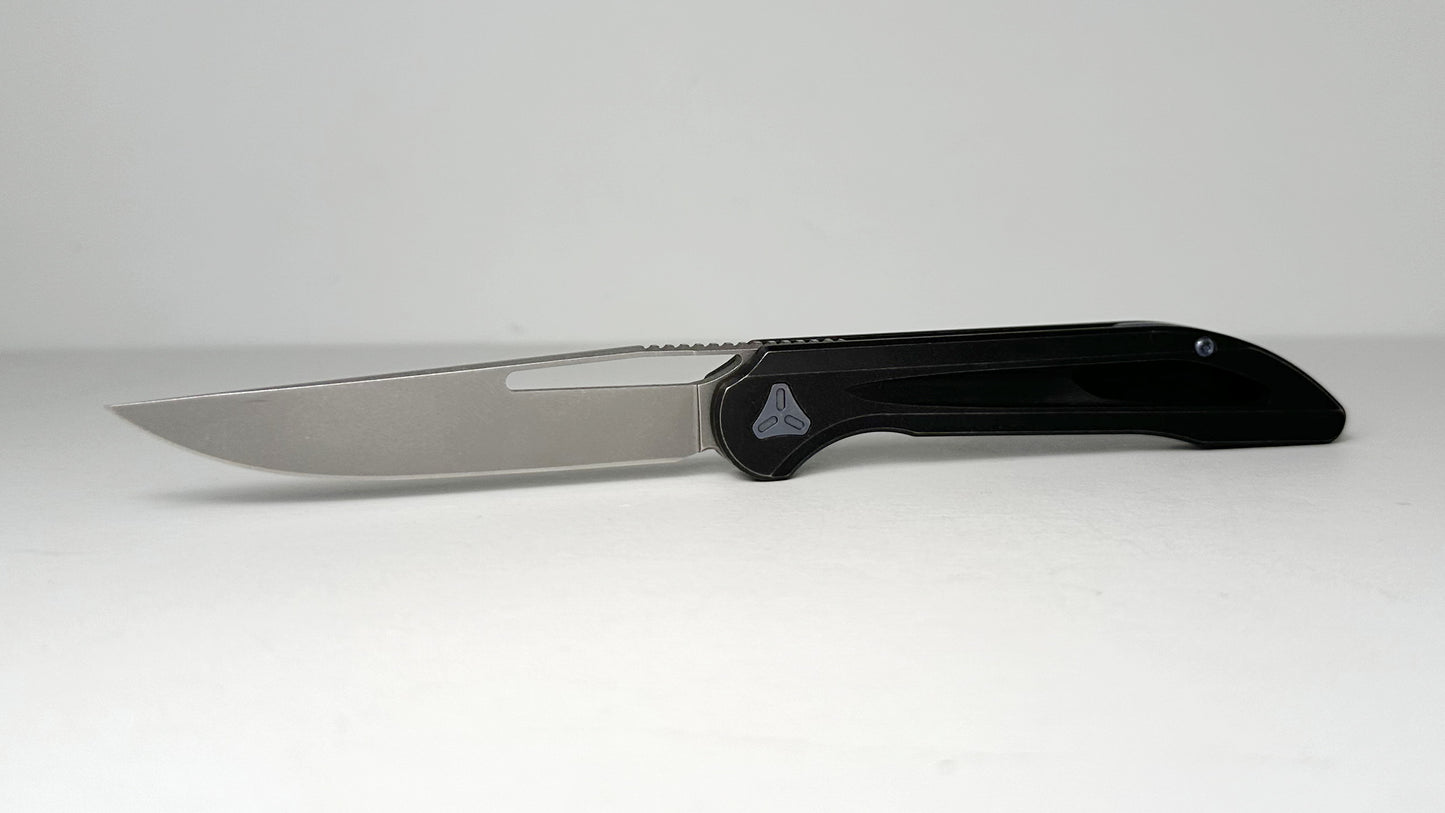 Boos Smoke Mini Ti Pre-Owned - Stonewashed 3" CPM-20CV Blade & Gray Full Titanium Handle w/ Blue Hardware & Pocket Clip | Made in China by WE Knives