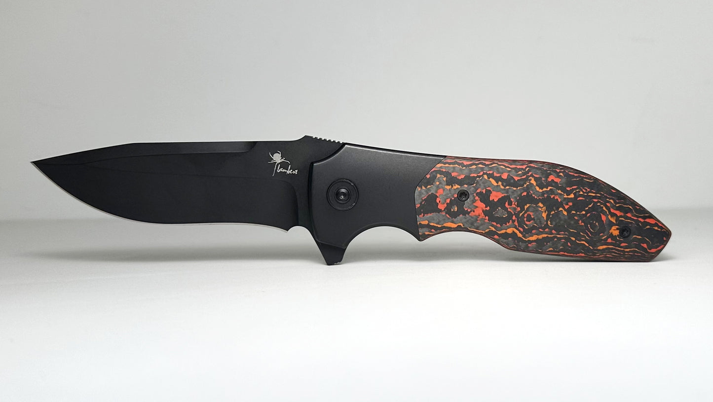 Drop | Kirby Lambert Raine Pre-Owned MDX-32738-4 - PVD Stonewash RWL34 Recurve Drop Point Blade & Titanium Frame w/ Red Fat Carbon Scales - Frame Lock Flipper Folder | Made in China