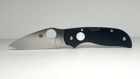 Spyderco Chaparral Sun & Moon C152GSMP Pre-Owned - Satin 2.8" CTS-XHP Leaf-Shaped Blade & Black/White G-10 Handle Scales w/ Mother of Pearl Inlay - Lockback w/ Thumb Hole | Made in Taiwan