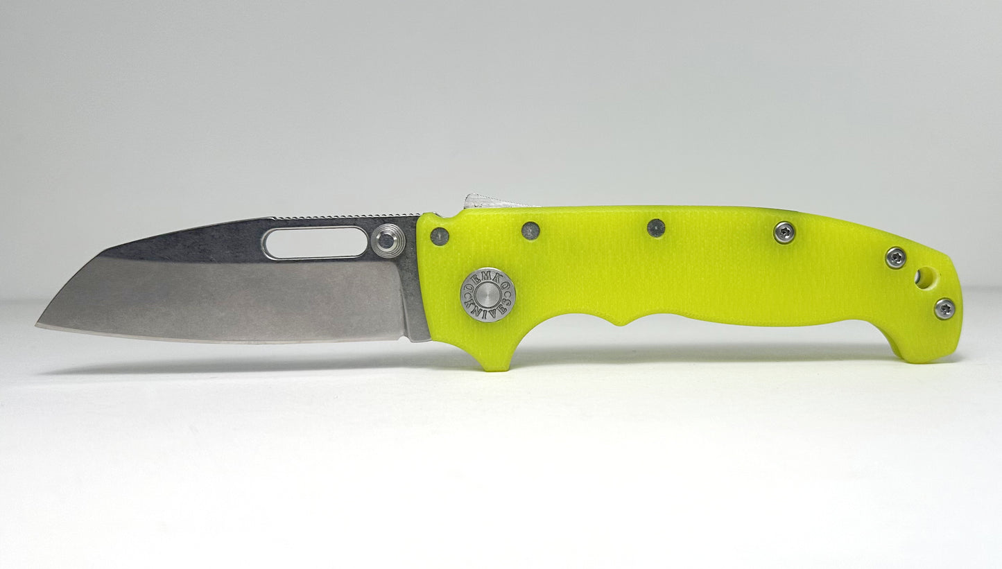 Demko Knives MG AD20S Pre-Owned Day Glow - Stonewash 3.6" CPM-S45VN Slotted Shark Foot Blade & Day-Glow G-10 Handle Scales - Shark Lock Folder w/ Dual Studs | Made in USA